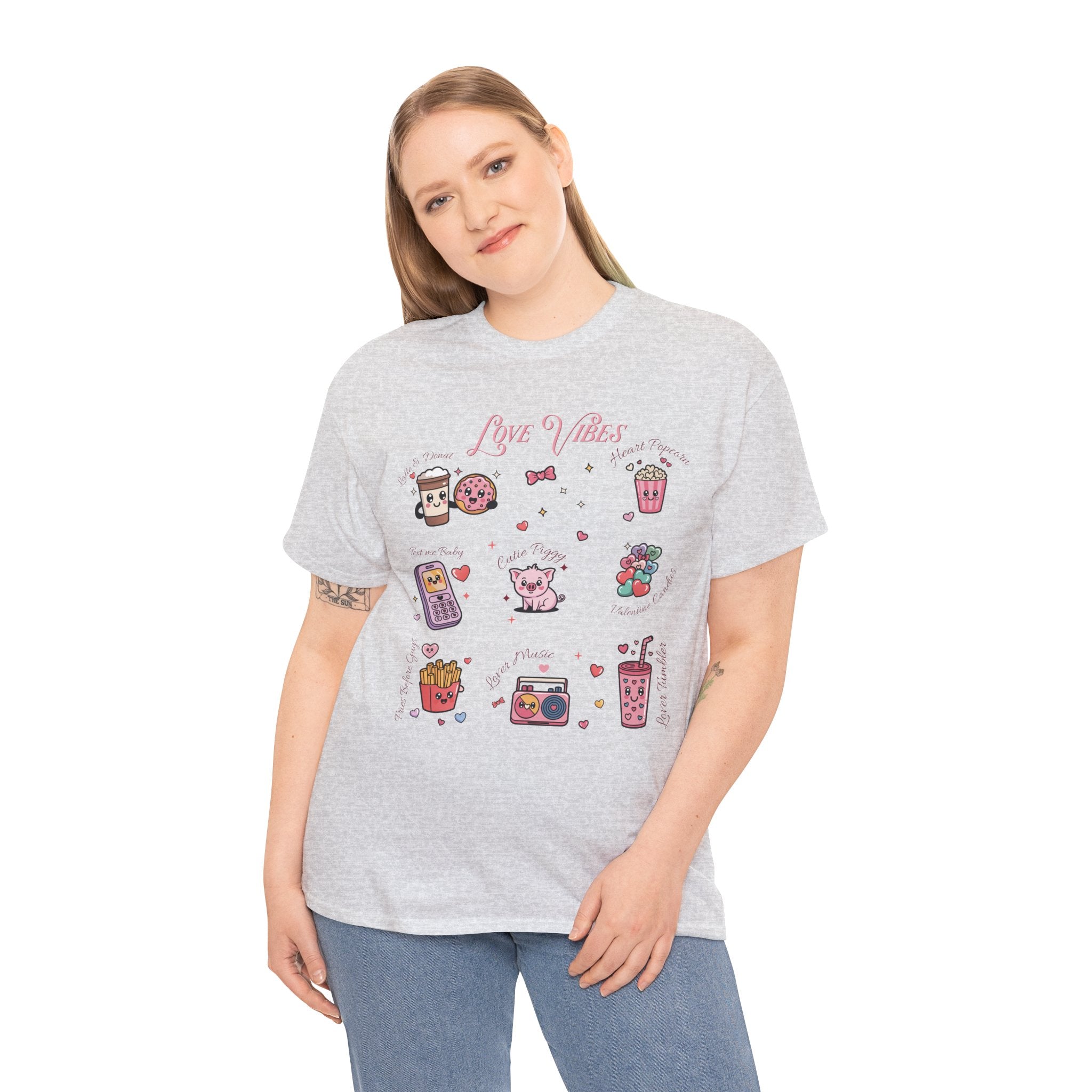 Love Vibes Kawaii Valentine T-Shirt — Cute Donut, Coffee & Piglet Design Unisex Cotton Tee