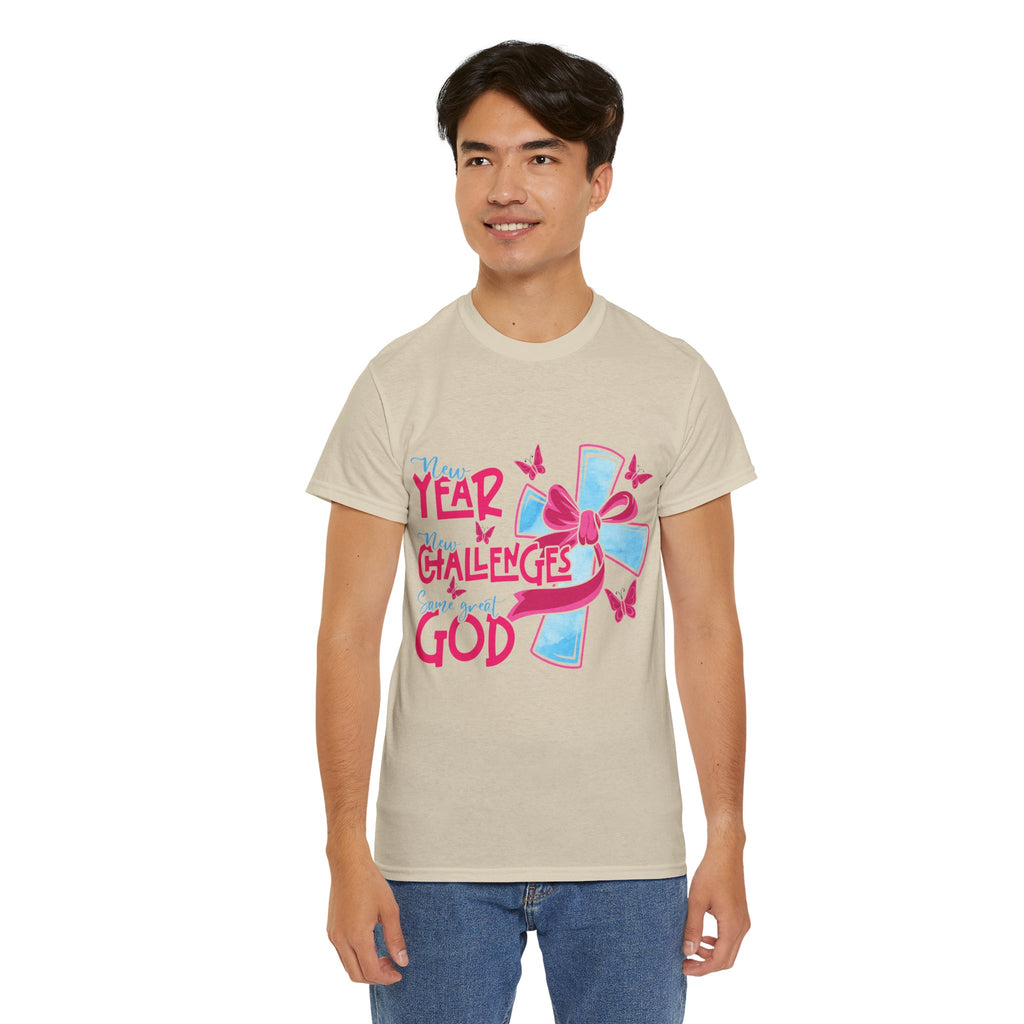 Christian T-Shirt — “New Year, New Challenges, Same Great God” with Pink Bow Cross & Butterflies. Unisex Cotton Tee