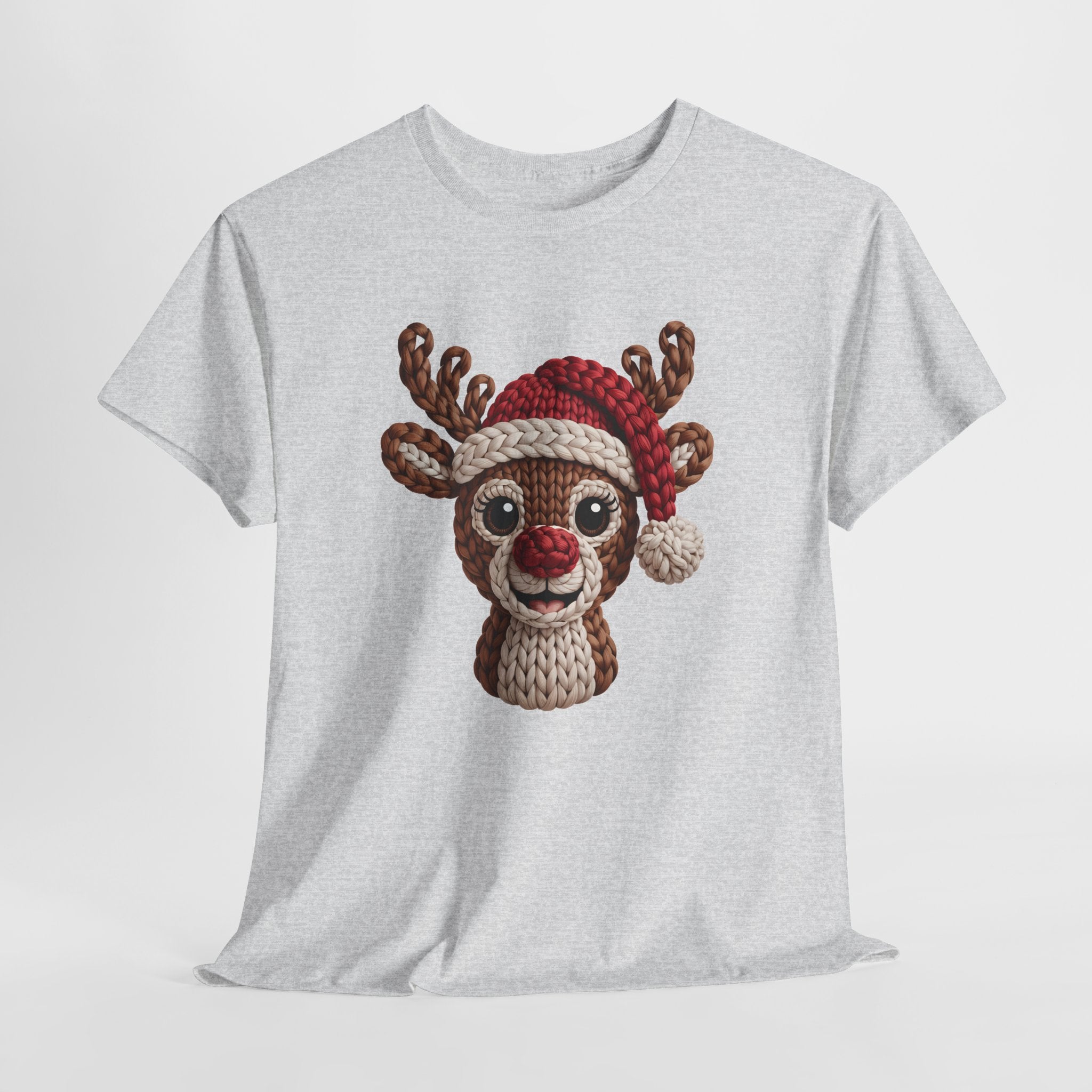 Reindeer in Santa Hat Cotton Tee — Joyful Faux-Yarn Holiday Unisex Coton T-Shirt