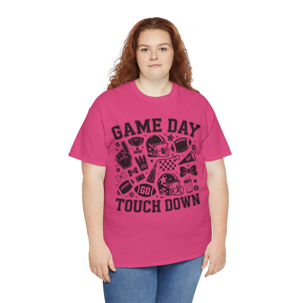 Game Day Touch Down Football T‑Shirt — Helmet & Cheer Monochrome Design Unisex Cotton Tee
