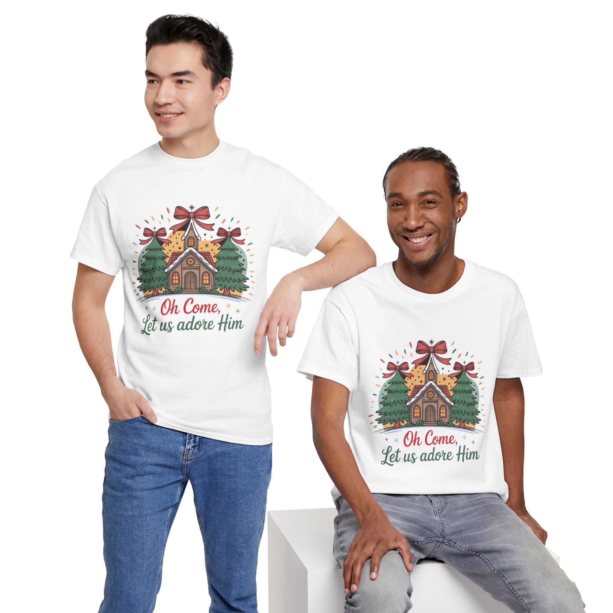 Oh Come Let Us Adore Him Christmas Tee — Church & Trees Holiday Unisex Cotton Tshirt