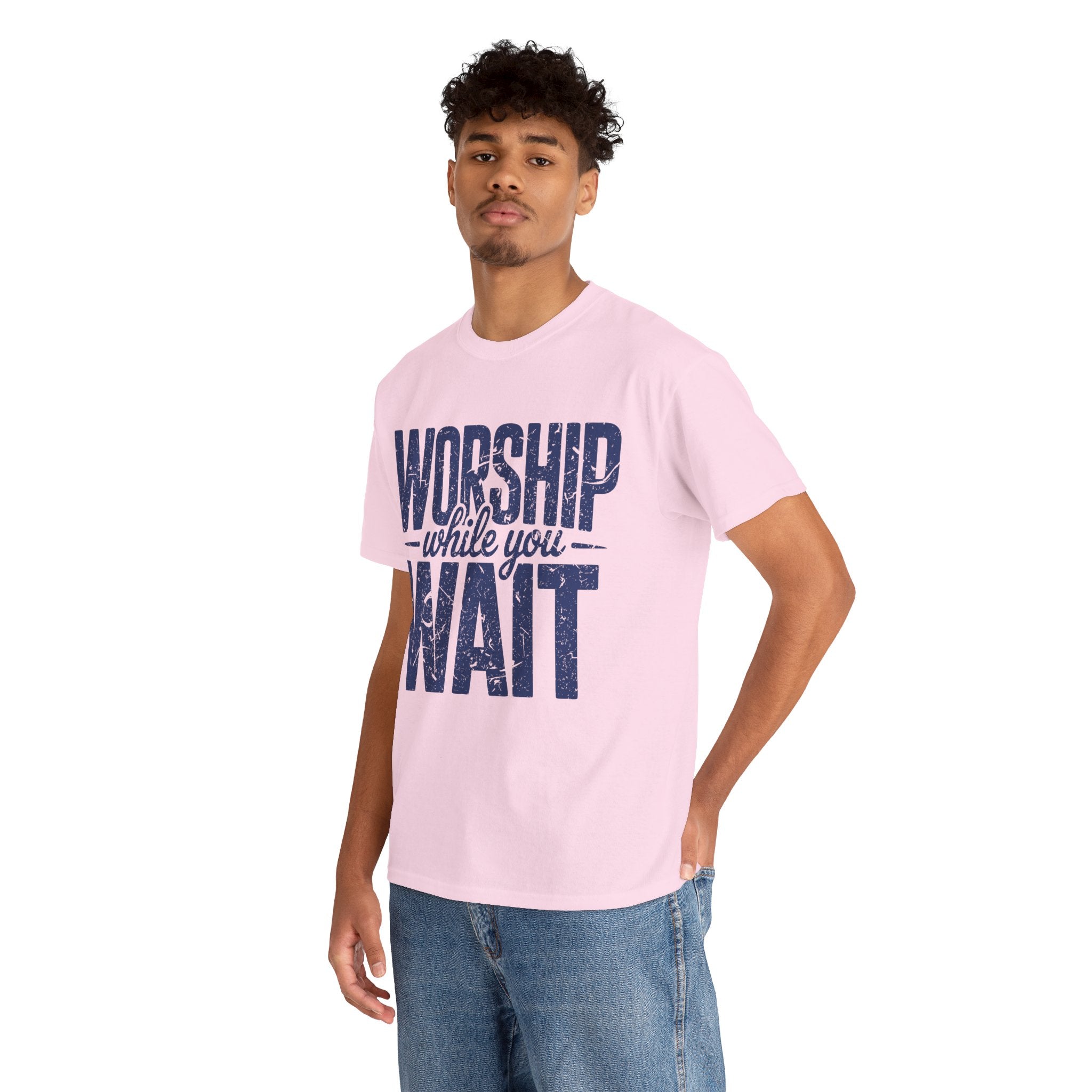 Worship While You Wait T‑Shirt — Distressed Pastel Blue Faith Unisex Cotton Tee