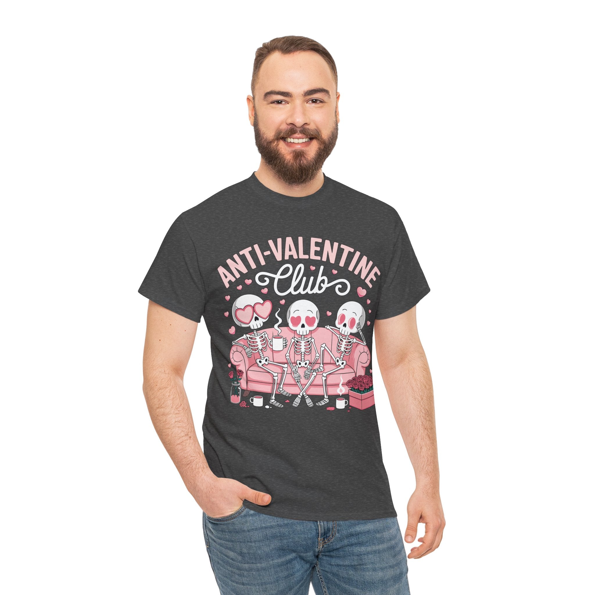 Anti-Valentine Club Skeleton Tee — Anti-Romance Pink Couch Graphic Unisex Cotton T-Shirt