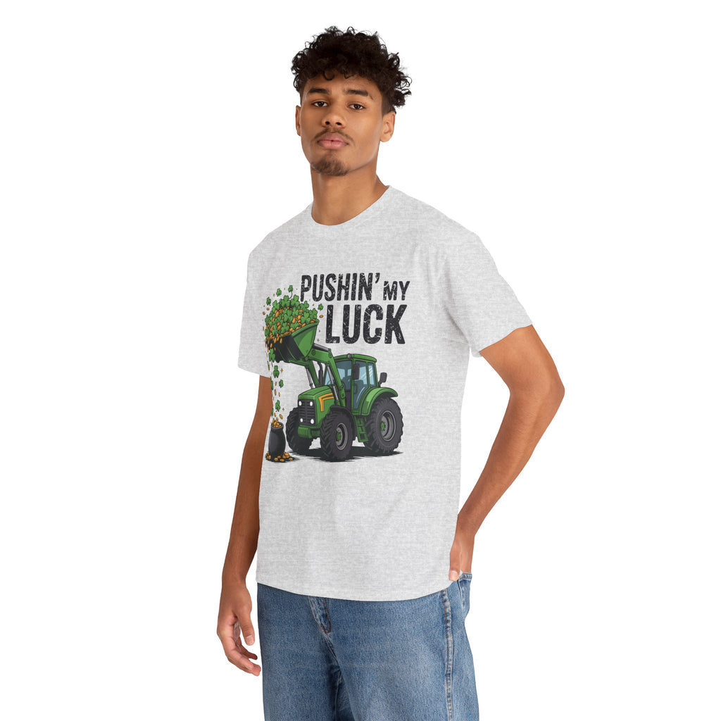 Pushin' My Luck Shamrock Tractor Tee — St. Patrick's Day Unisex Cotton T-Shirt