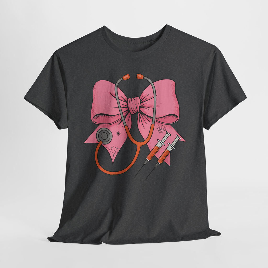 Halloween Nurse T‑Shirt — Pink Nurse Bow with Stethoscope, Syringes & Spider Webs..Unisex Cotton Tee