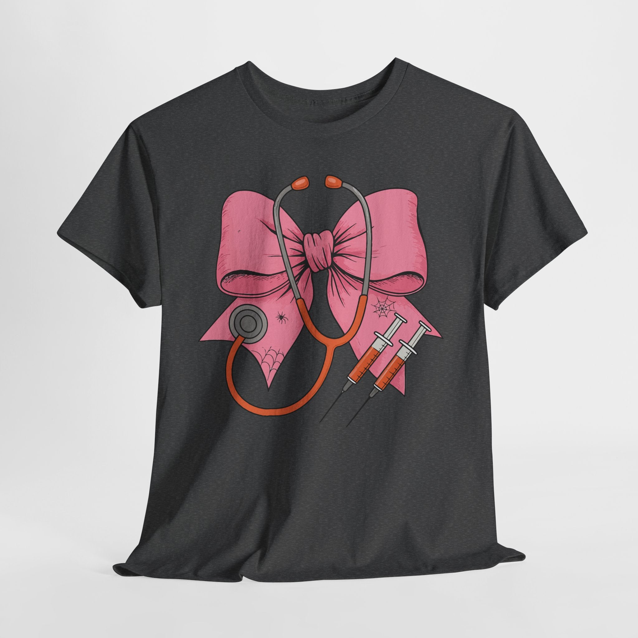 Halloween Nurse T‑Shirt — Pink Nurse Bow with Stethoscope, Syringes & Spider Webs..Unisex Cotton Tee