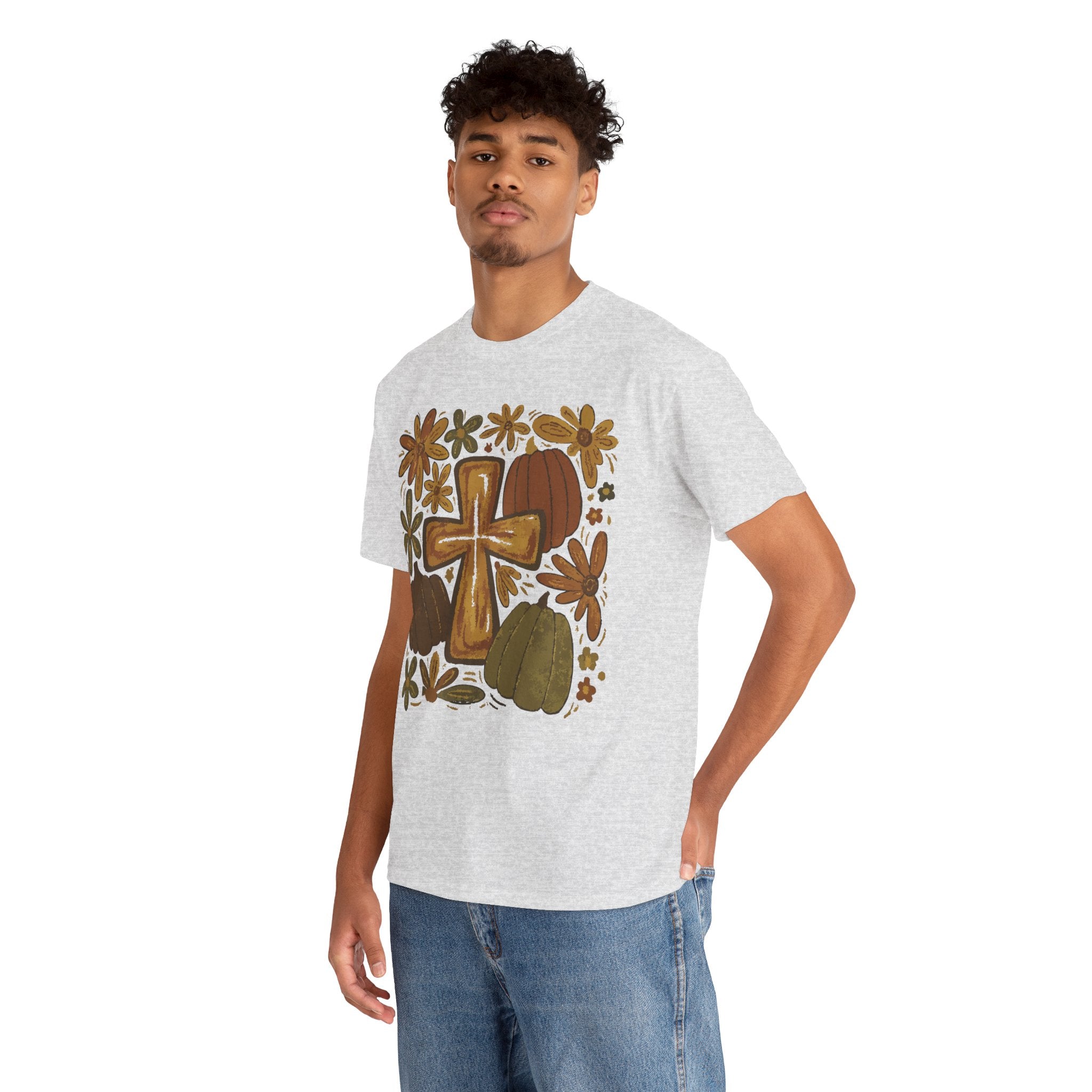 Autumn Cross Tee — Rustic Pumpkin & Fall Floral Christian Unisaex Cotton T-Shirt