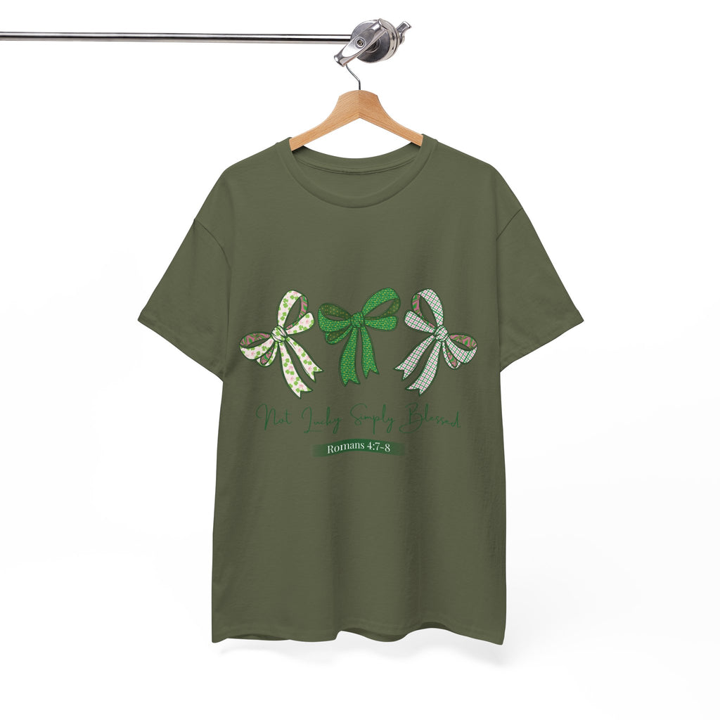 Not Lucky Simply Blessed Tee — Romans 4:7-8 Green Bow Christian Unisex Cotton T-Shirt