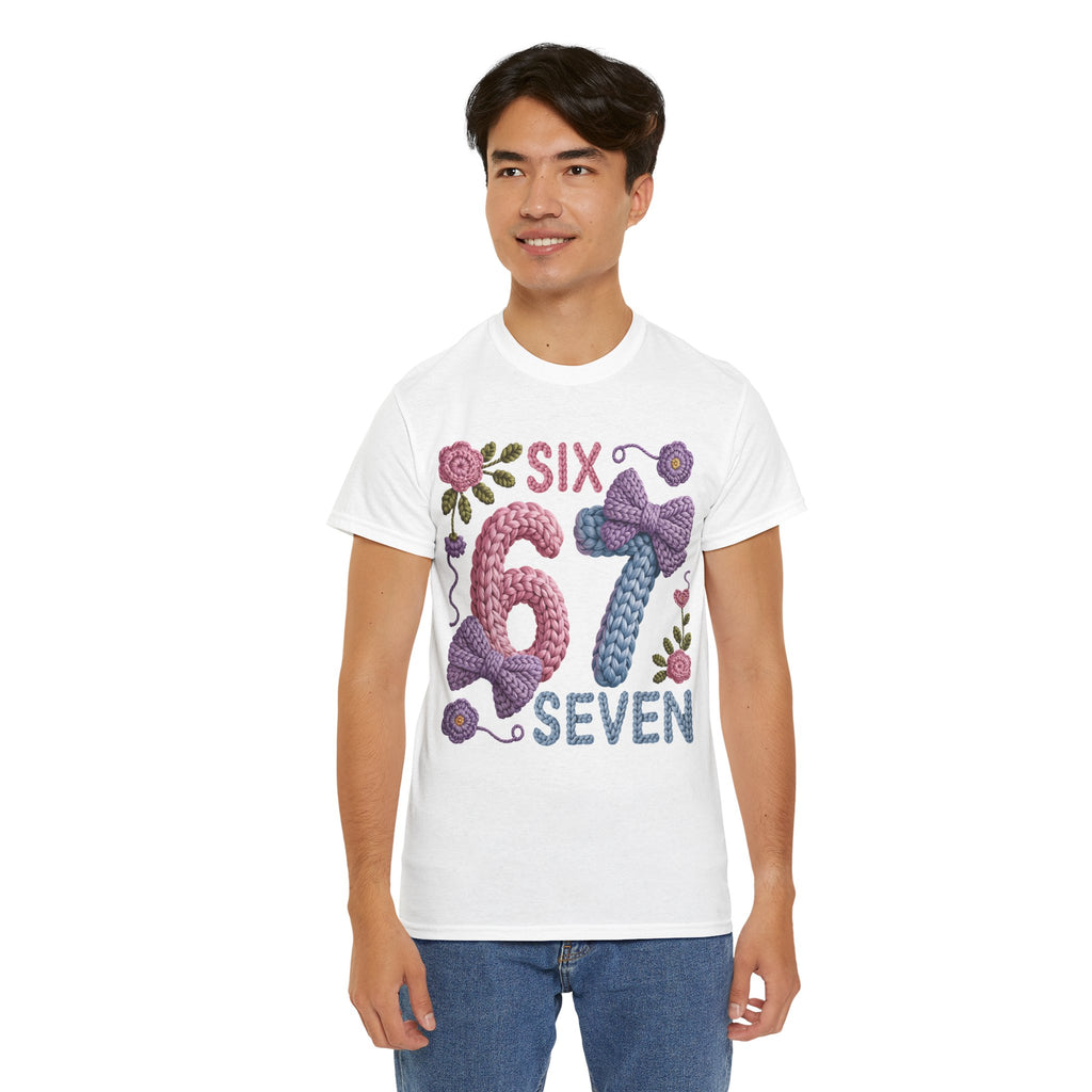 Pastel Crochet Numbers 6 & 7 Tee — Faux-Yarn Bows & Flowers. Unisex Cotton Tee
