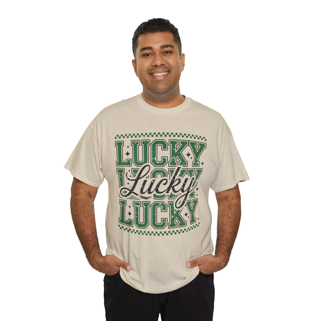 Lucky Varsity Tee — Layered Green ‘Lucky’ Graphic Unisex Cotton Tee