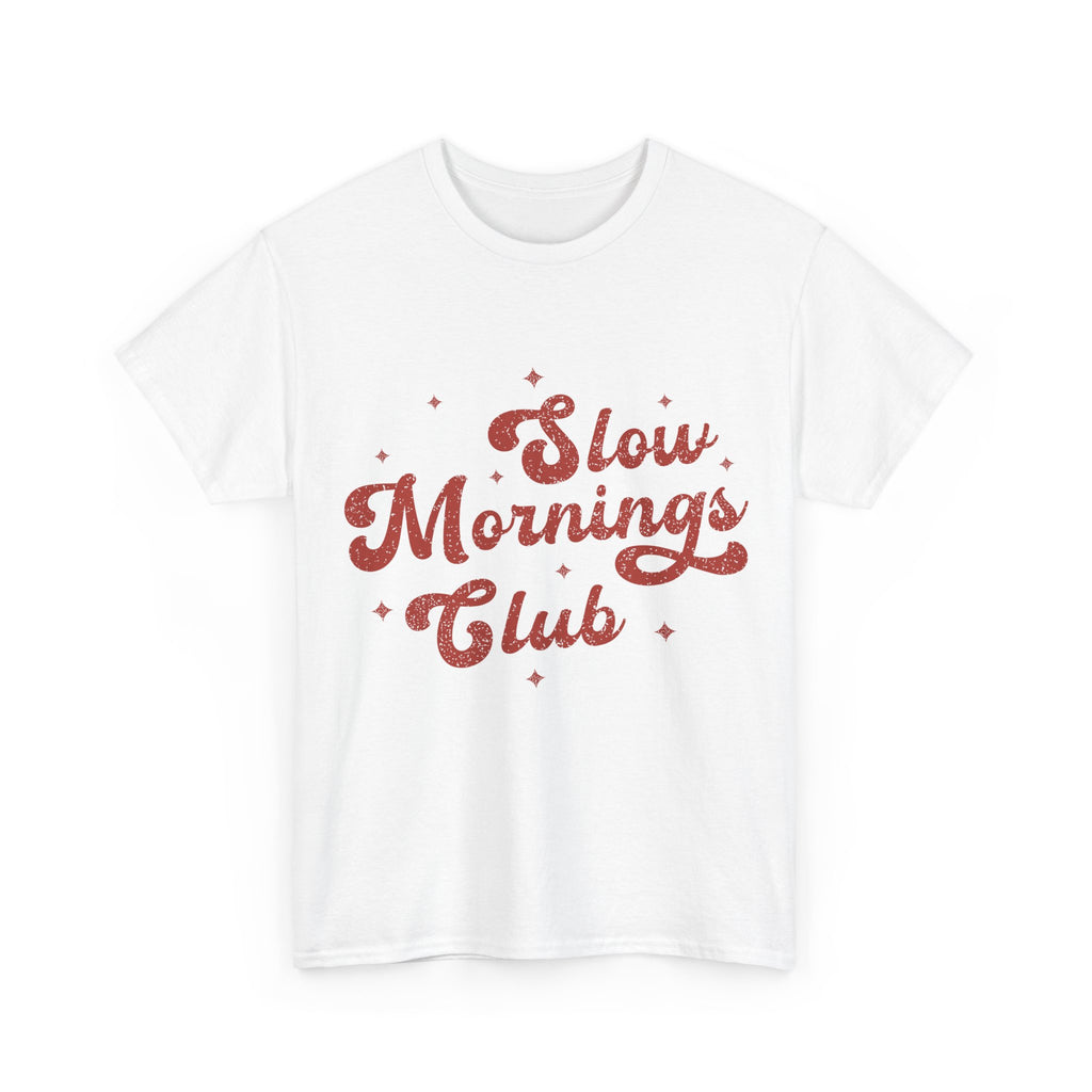 Slow Mornings Club T-Shirt — Retro Red Sparkle Unisex Cotton Tee