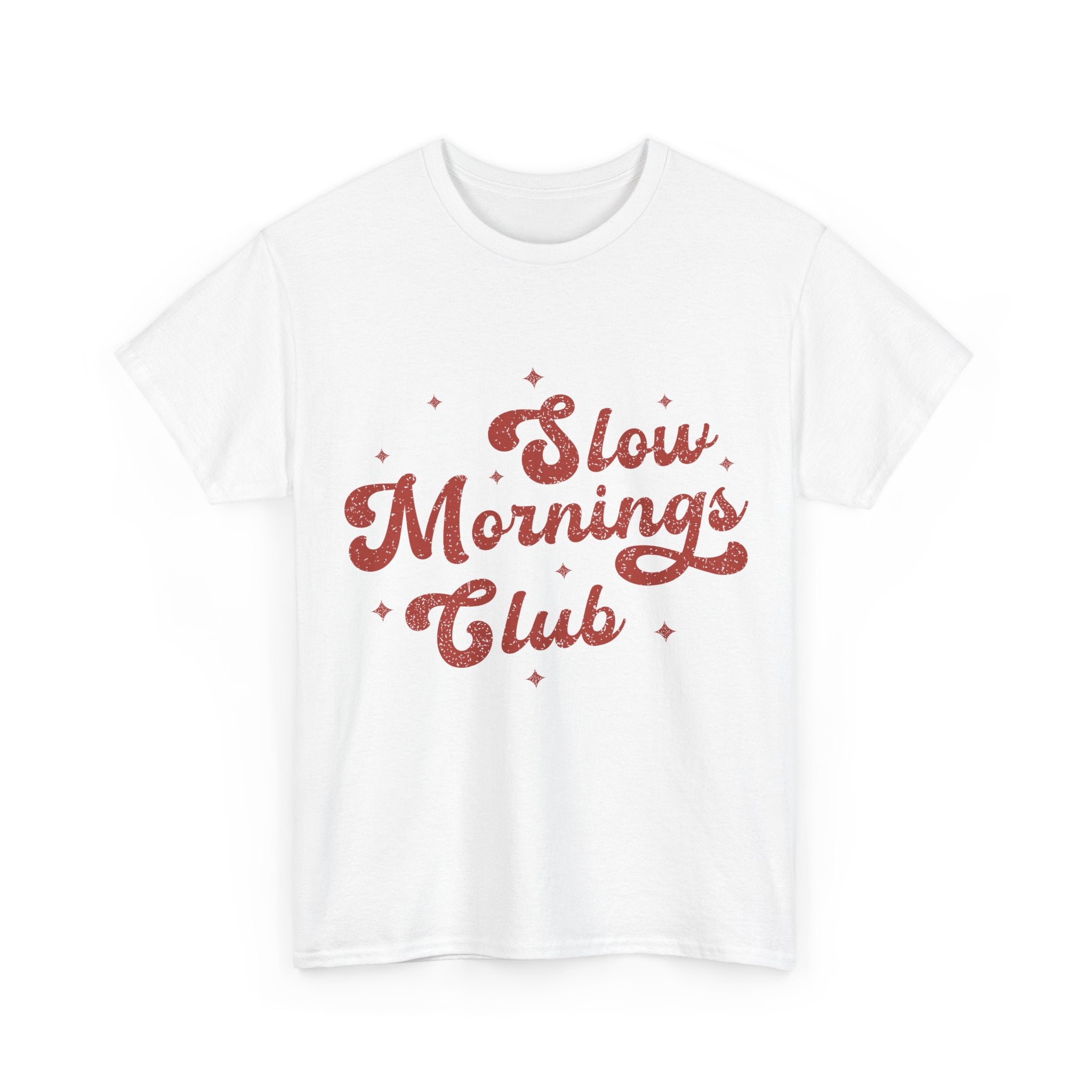 Slow Mornings Club T-Shirt — Retro Red Sparkle Unisex Cotton Tee