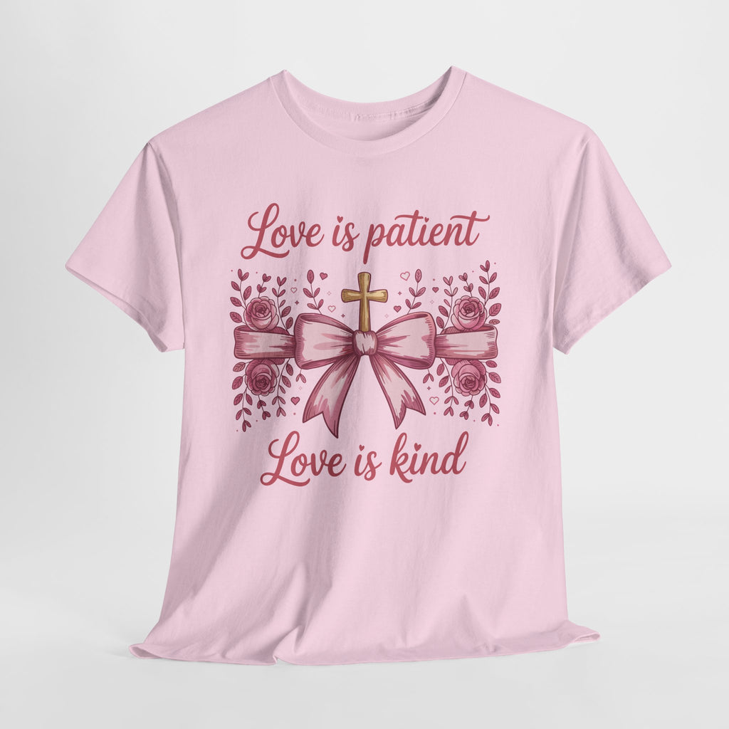 Christian Floral Tee — "Love is Patient, Love is Kind" Pink Rose Cross. Unisex Cotton Tee
