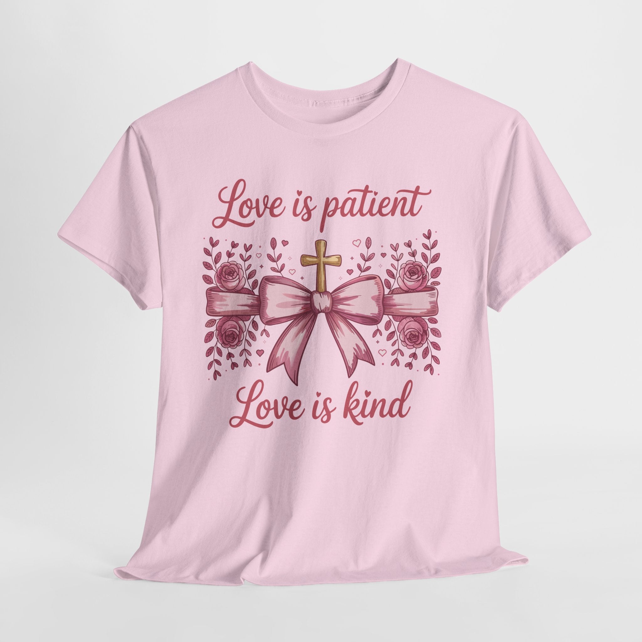Christian Floral Tee — "Love is Patient, Love is Kind" Pink Rose Cross. Unisex Cotton Tee