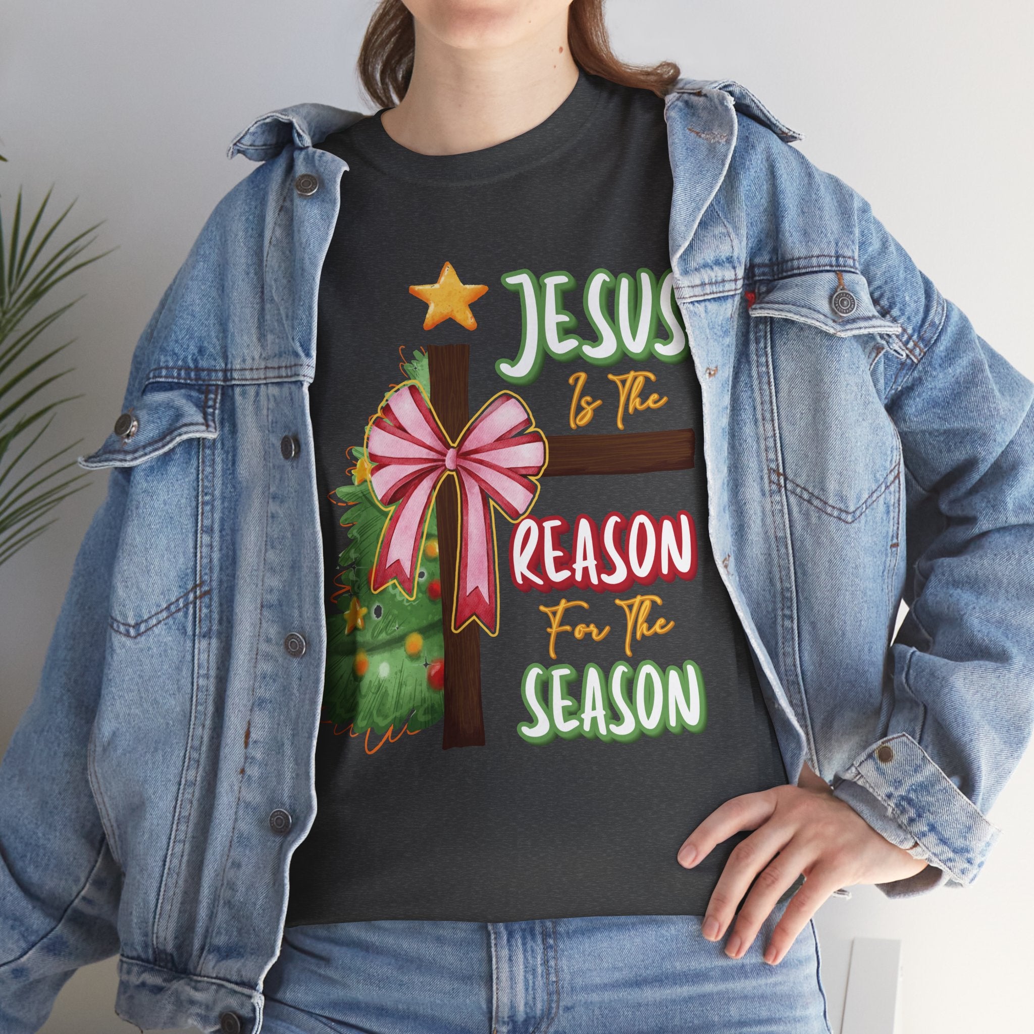 Jesus Is the Reason for the Season Christmas Tee — Cross with Pink Bow & Tree. Unisex Cotton Tee