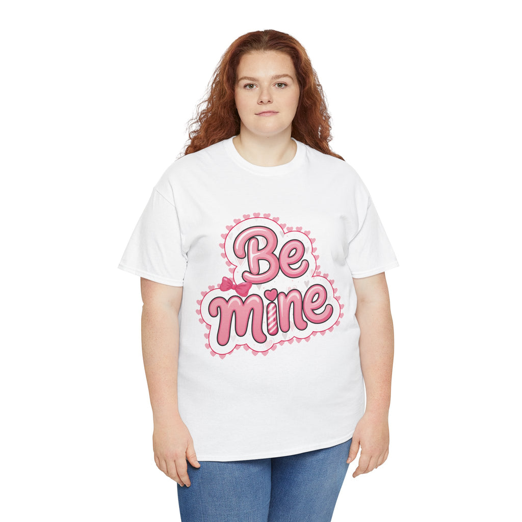 Be Mine Valentine T-Shirt — Pink Bubble Letters with Hearts & Bow..Unisex Cotton Tee
