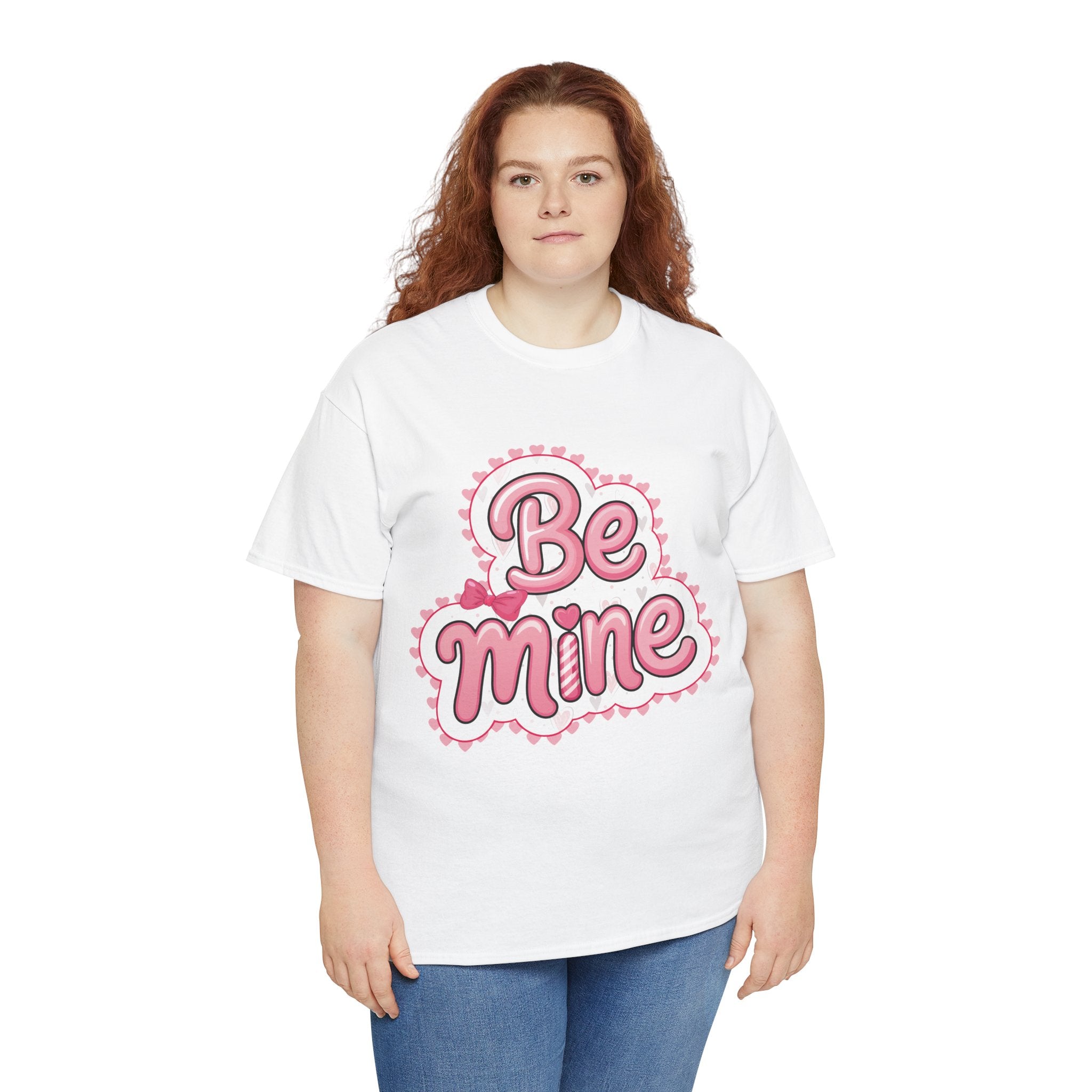 Be Mine Valentine T-Shirt — Pink Bubble Letters with Hearts & Bow..Unisex Cotton Tee