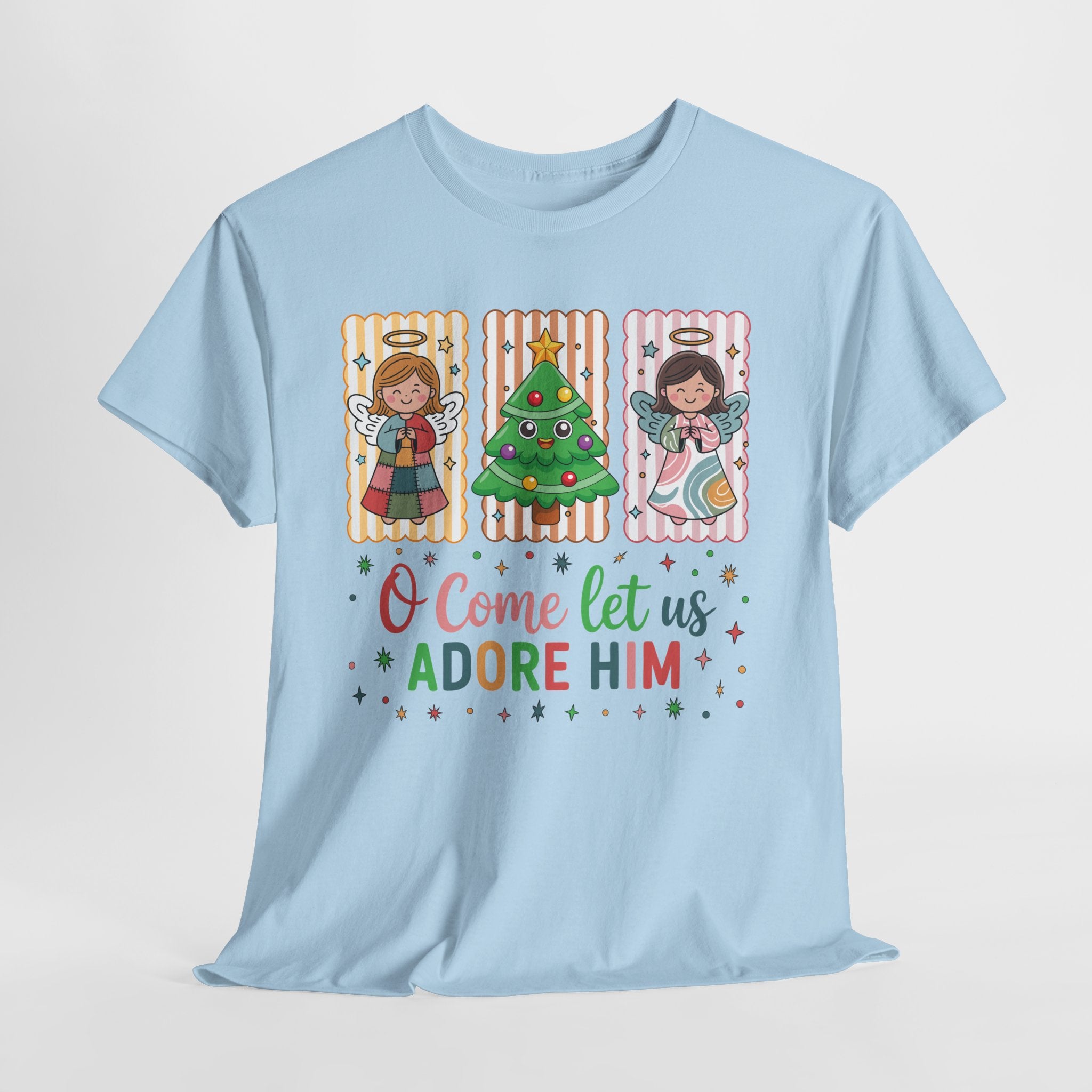 O Come Let Us Adore Him Christmas Tee — Smiling Angels & Happy Tree..Unisex Cotton Tee