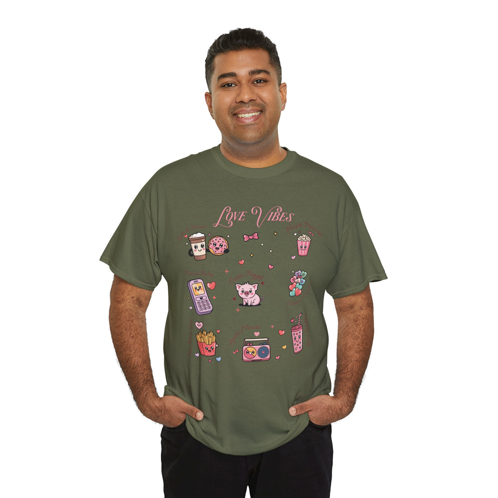Love Vibes Kawaii Valentine T-Shirt — Cute Donut, Coffee & Piglet Design Unisex Cotton Tee