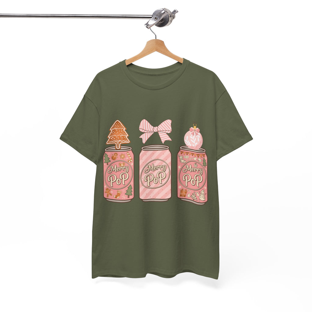 Merry Pop Christmas Soda Can Tee — Pastel Holiday Graphic Unisex Cotton T-Shirt