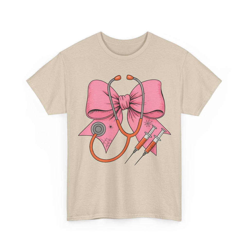 Halloween Nurse T‑Shirt — Pink Nurse Bow with Stethoscope, Syringes & Spider Webs..Unisex Cotton Tee
