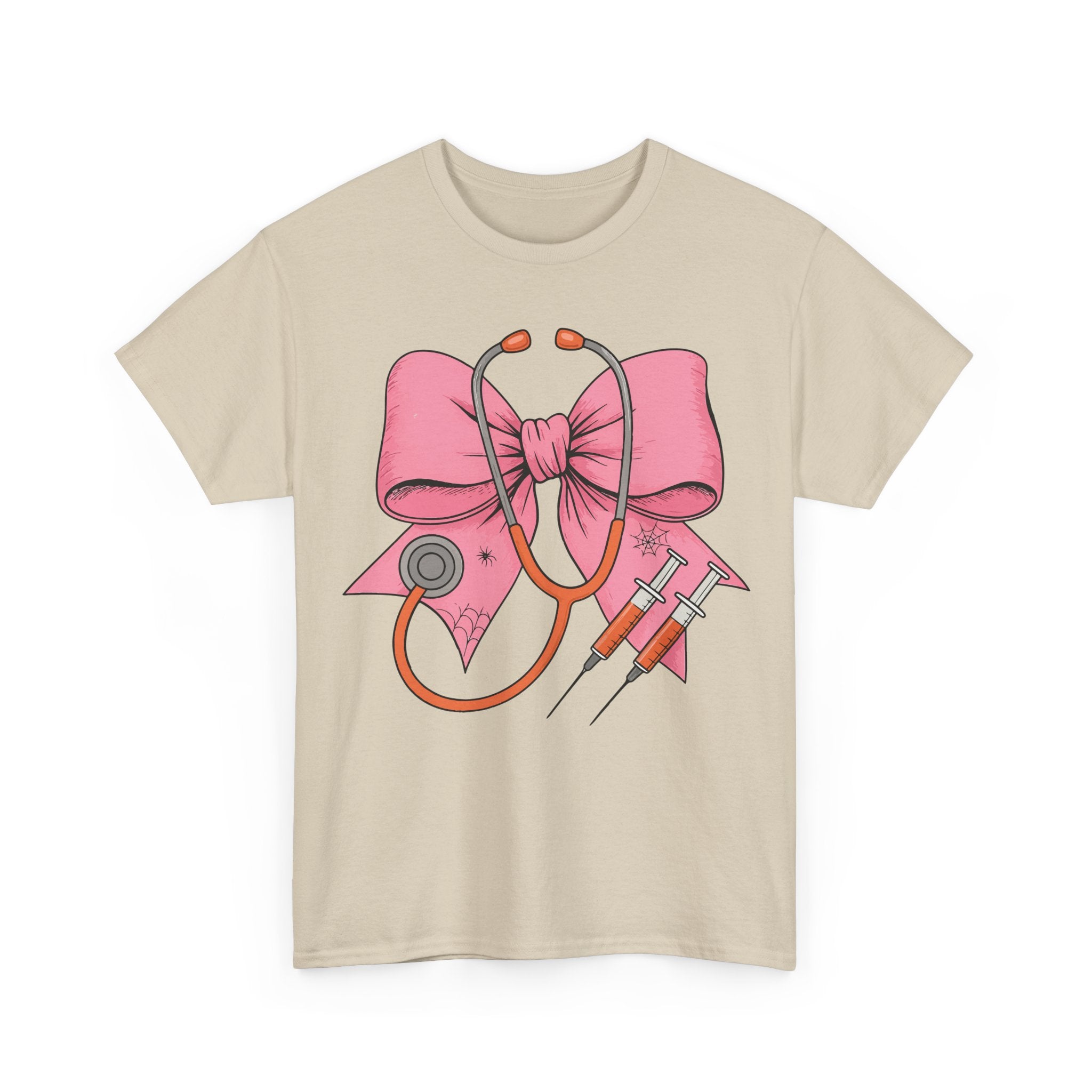 Halloween Nurse T‑Shirt — Pink Nurse Bow with Stethoscope, Syringes & Spider Webs..Unisex Cotton Tee
