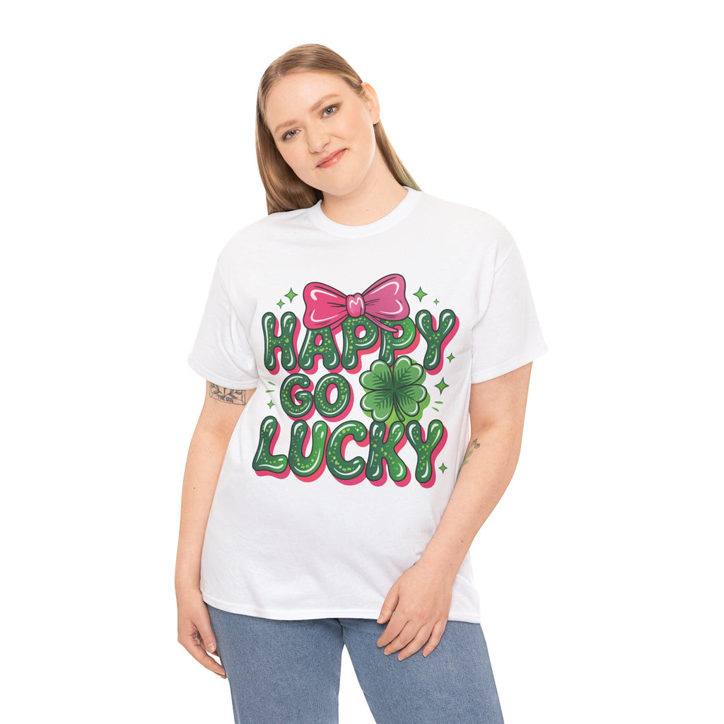 Happy Go Lucky Four-Leaf Clover Tee — Glossy Green Letters & Pink Bow Unisex Cotton Tee