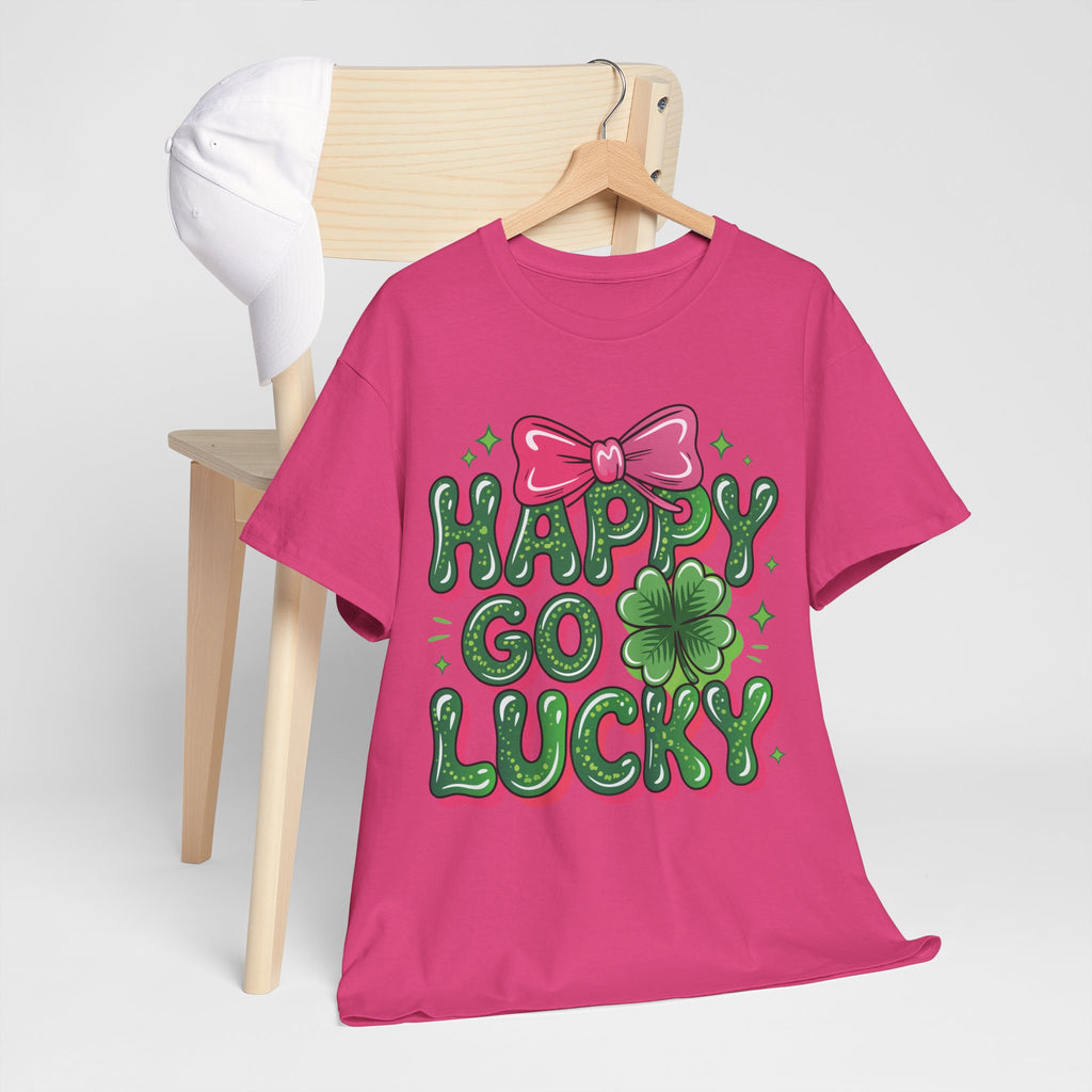 Happy Go Lucky Four-Leaf Clover Tee — Glossy Green Letters & Pink Bow Unisex Cotton Tee