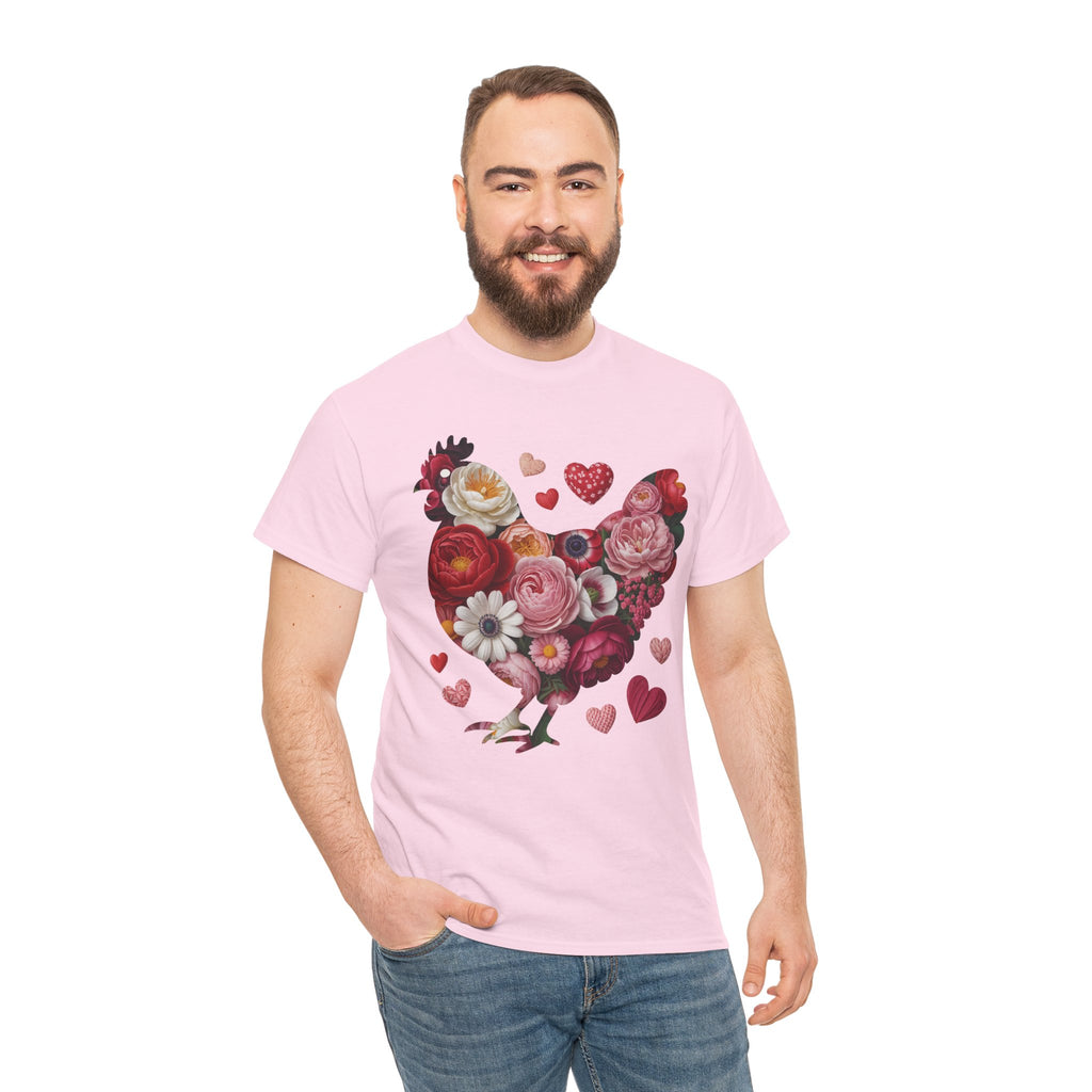 Floral Chicken Heart Tee — Red & Pink Flower Silhouette Unisex Cotton Tee