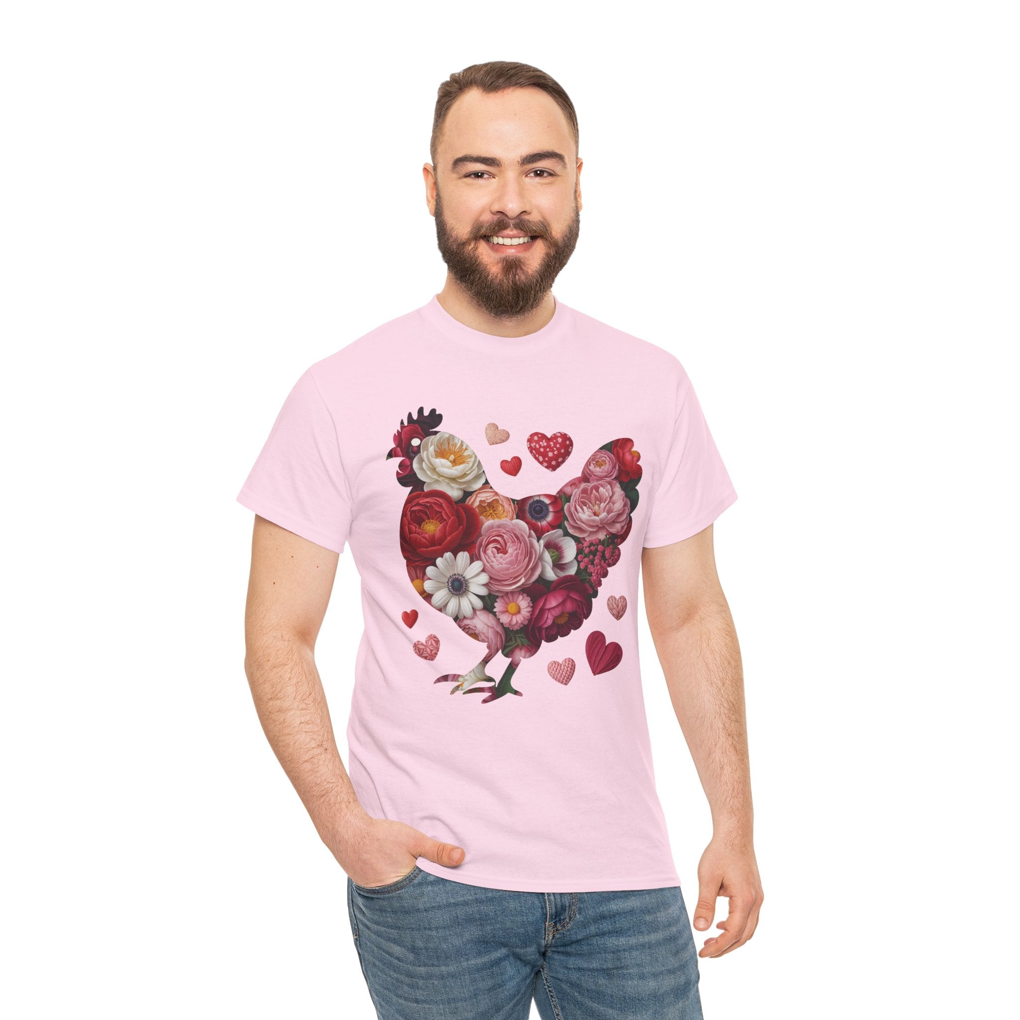 Floral Chicken Heart Tee — Red & Pink Flower Silhouette Unisex Cotton Tee