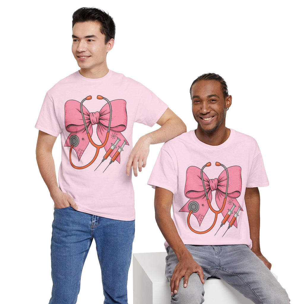 Halloween Nurse T‑Shirt — Pink Nurse Bow with Stethoscope, Syringes & Spider Webs..Unisex Cotton Tee