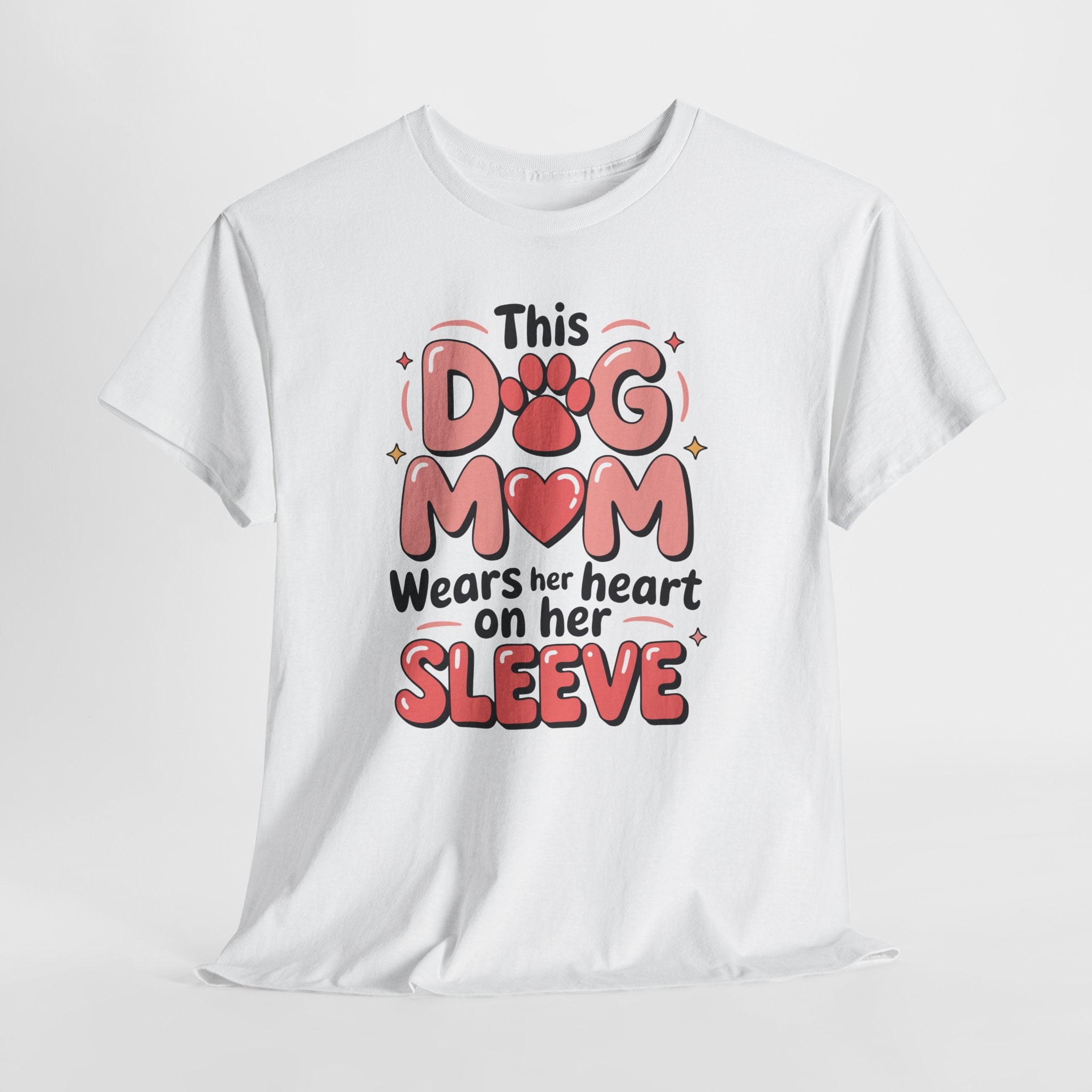 Dog Mom T-Shirt — "This Dog Mom Wears Her Heart on Her Sleeve" Paw & Heart Unisex Cotton Tee