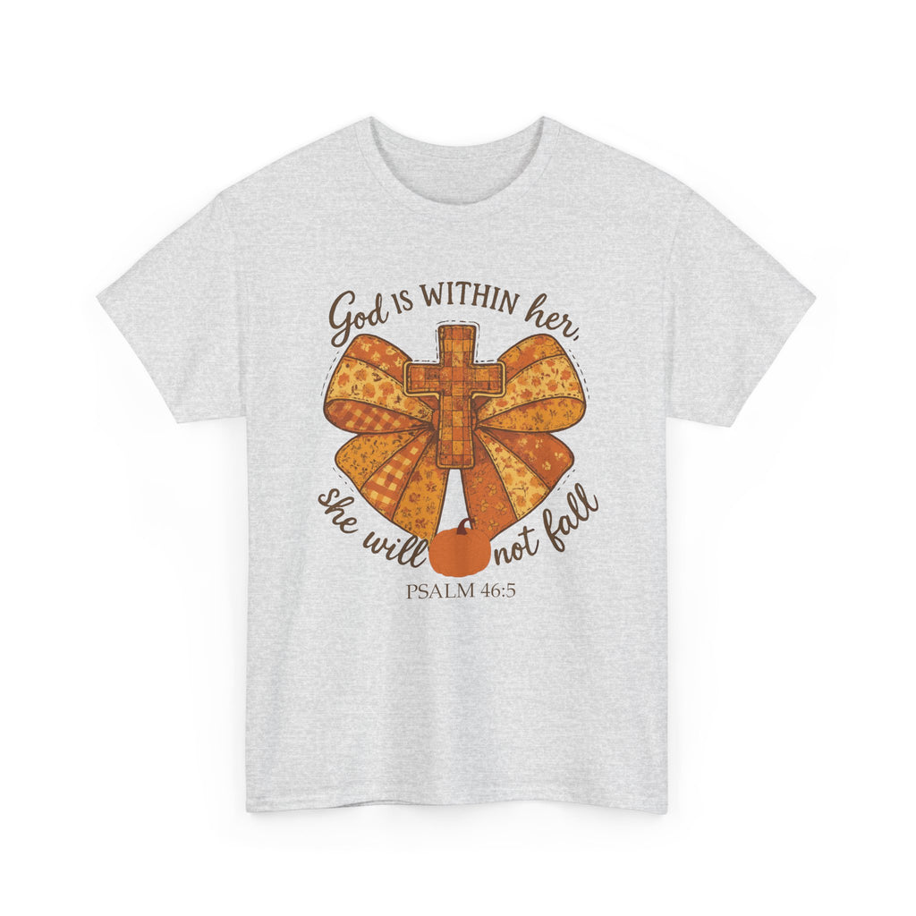 Psalm 46:5 Cross Patchwork Tee — Fall Bow Christian Unisex Cotton T-Shirt