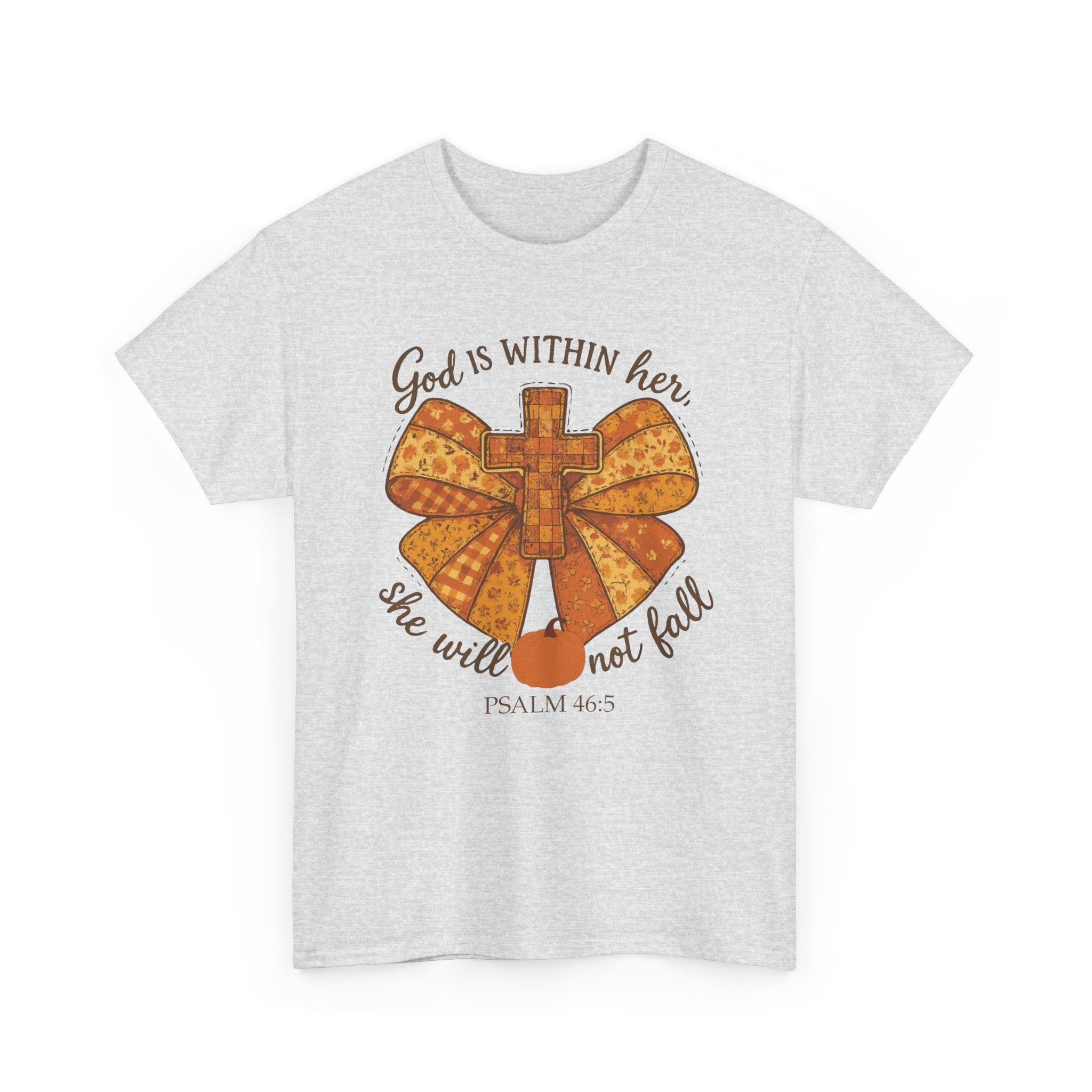 Psalm 46:5 Cross Patchwork Tee — Fall Bow Christian Unisex Cotton T-Shirt