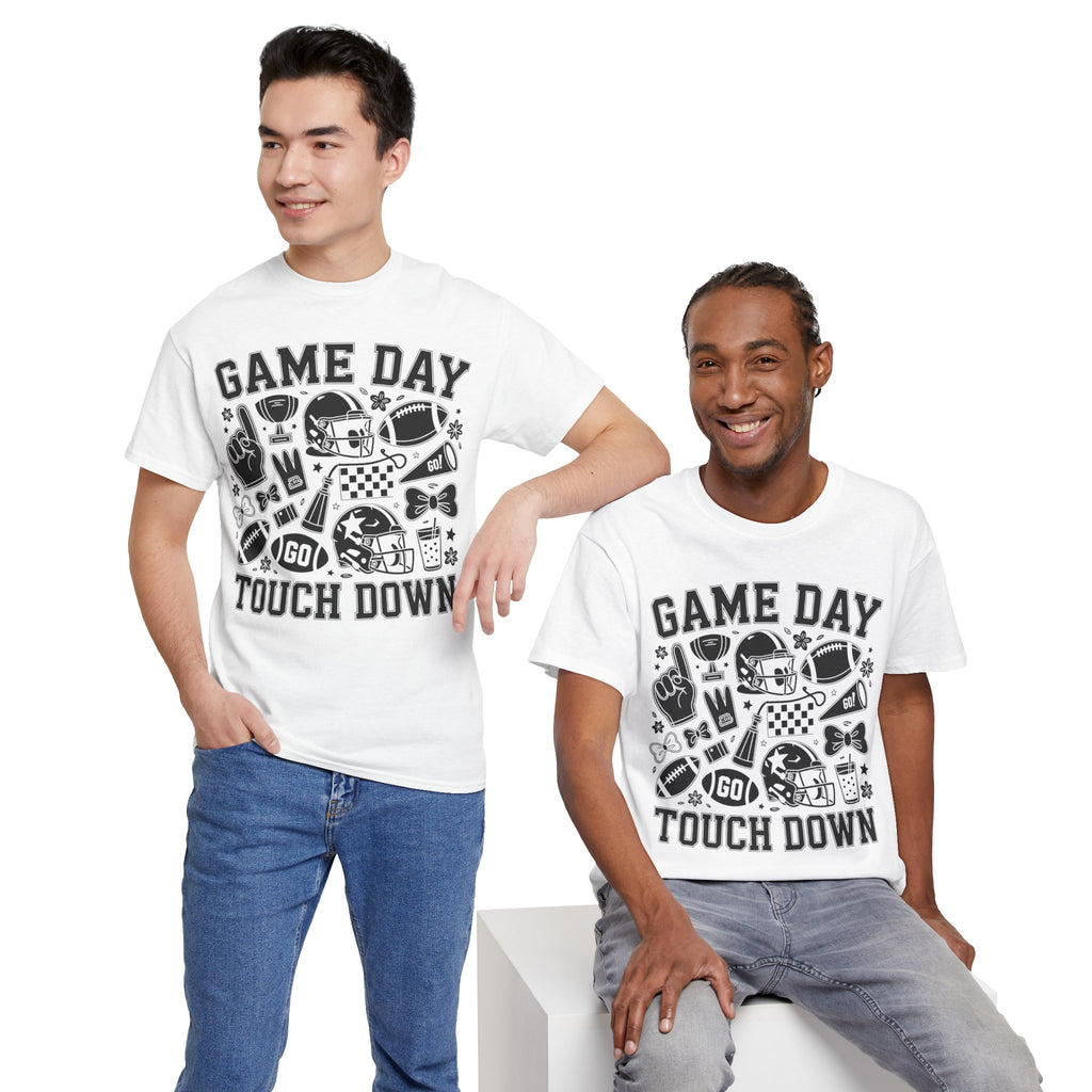 Game Day Touch Down Football T‑Shirt — Helmet & Cheer Monochrome Design Unisex Cotton Tee