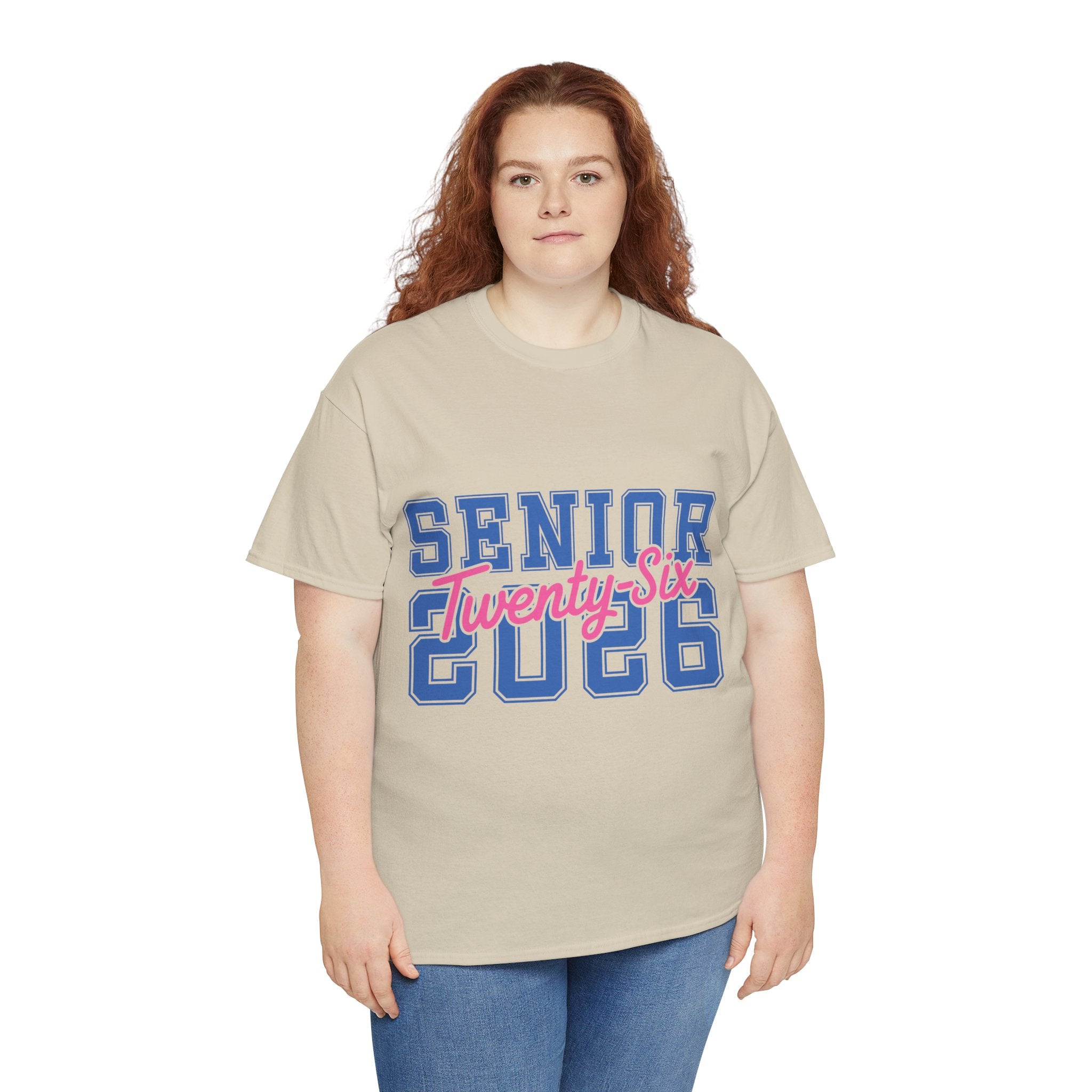 Senior 2026 Tee — Pink Varsity Block with Blue Script Overlay Unisex Cotton Tee