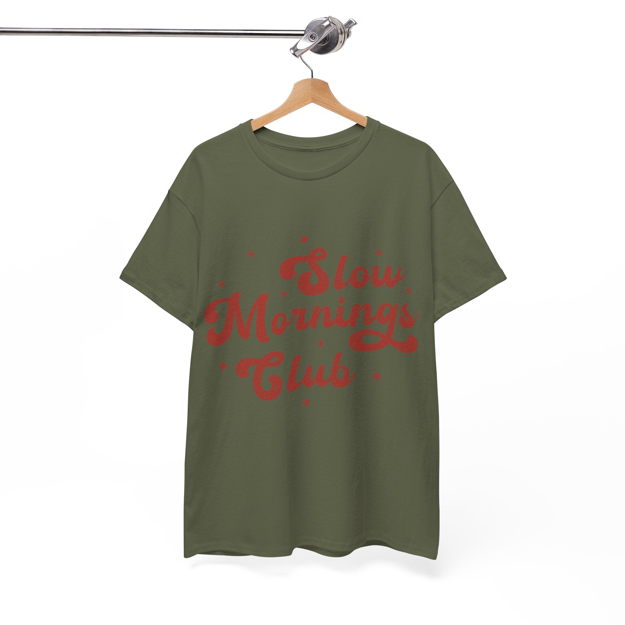 Slow Mornings Club T-Shirt — Retro Red Sparkle Unisex Cotton Tee