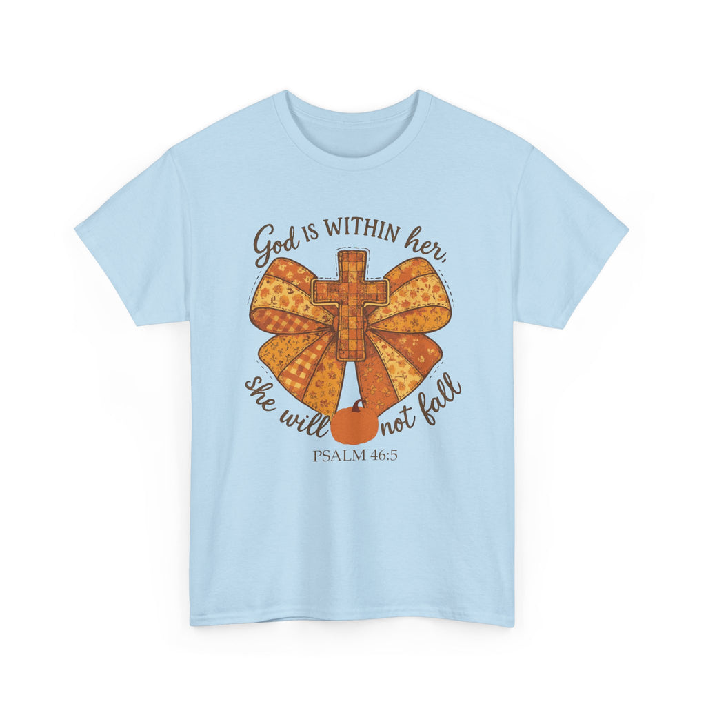 Psalm 46:5 Cross Patchwork Tee — Fall Bow Christian Unisex Cotton T-Shirt