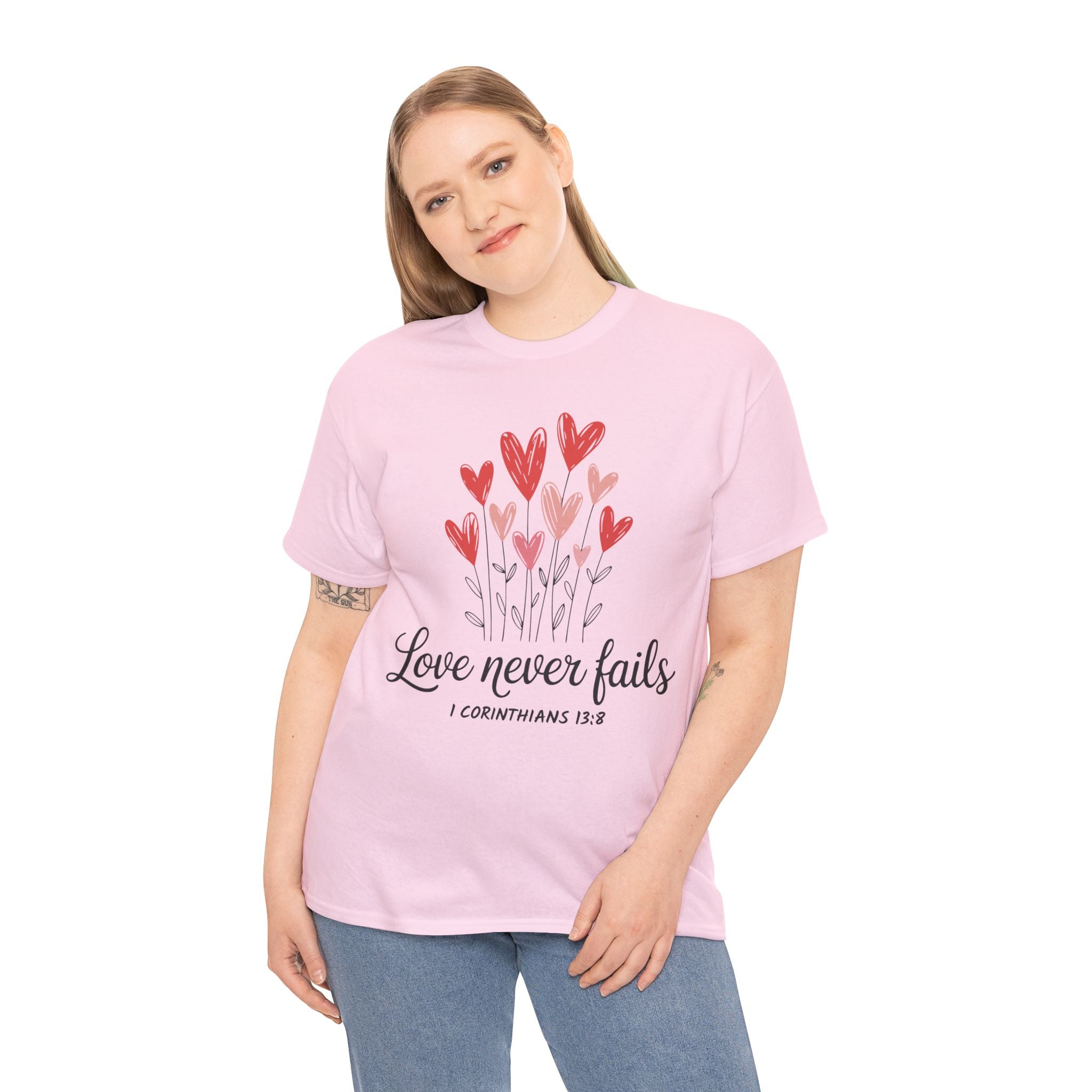 Christian Valentine T-Shirt — "Love Never Fails" (1 Corinthians 13:8) Unisex Cotton Tee
