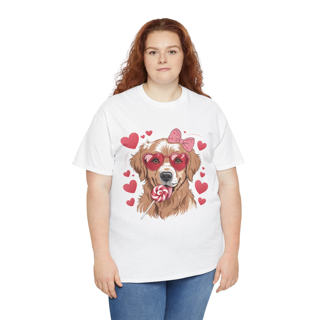 Valentine Dog T-Shirt — Cute Pup with Heart Glasses, Pink Bow & Lollipop..Unisex Cotton Tee