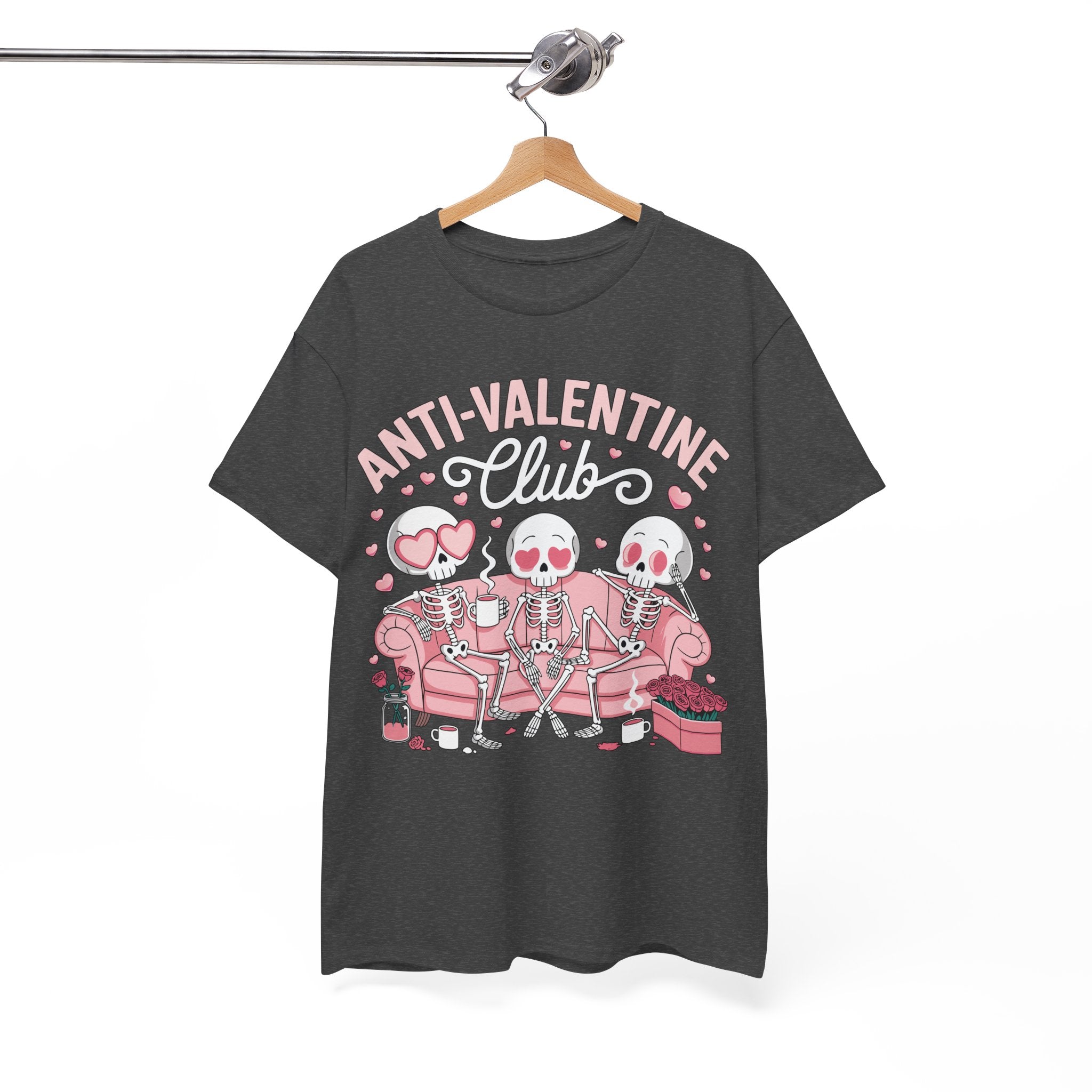 Anti-Valentine Club Skeleton Tee — Anti-Romance Pink Couch Graphic Unisex Cotton T-Shirt