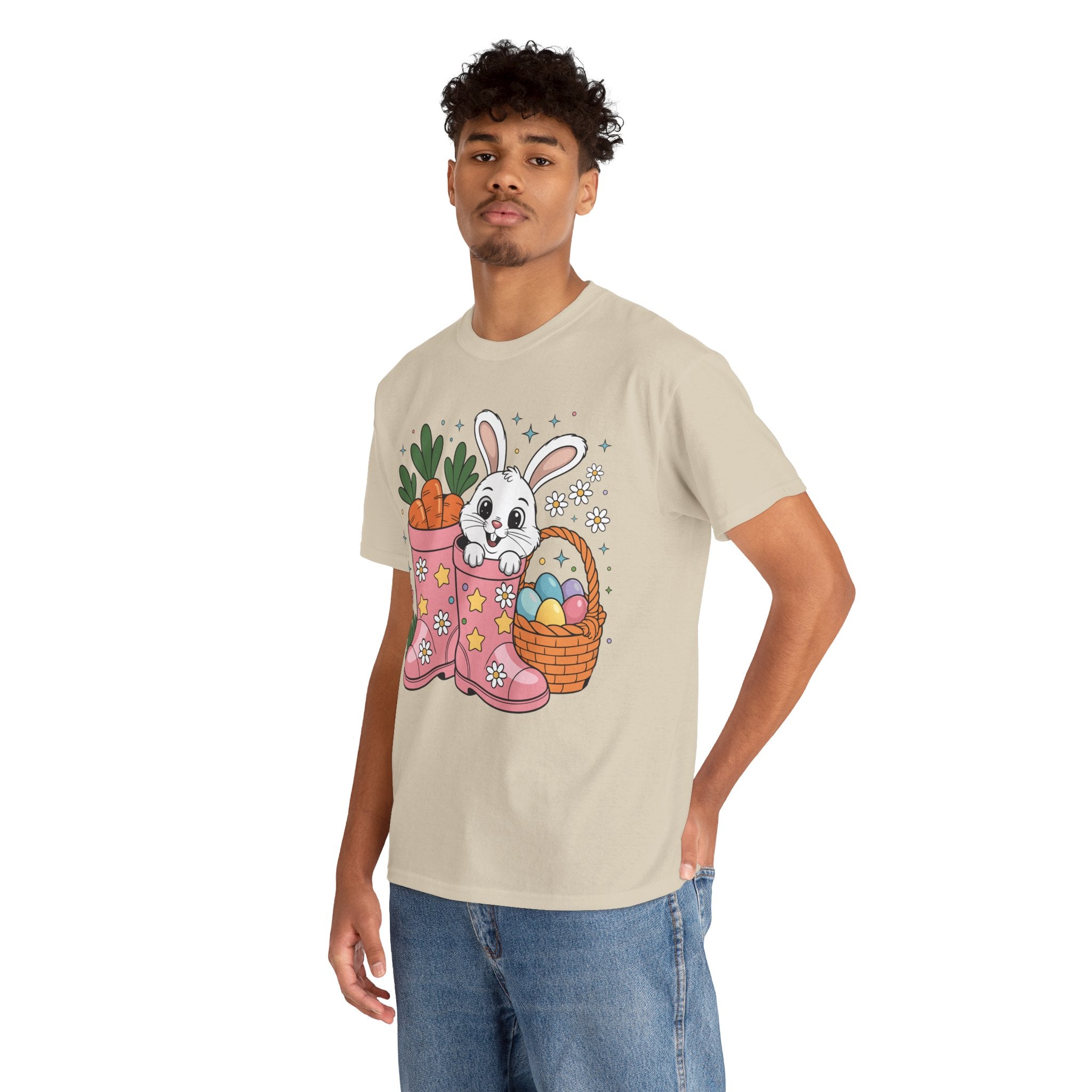 Easter Bunny in Pink Rain Boots T-Shirt — Cartoon Bunny, Carrots & Colorful Eggs Unisex Cotton Tee