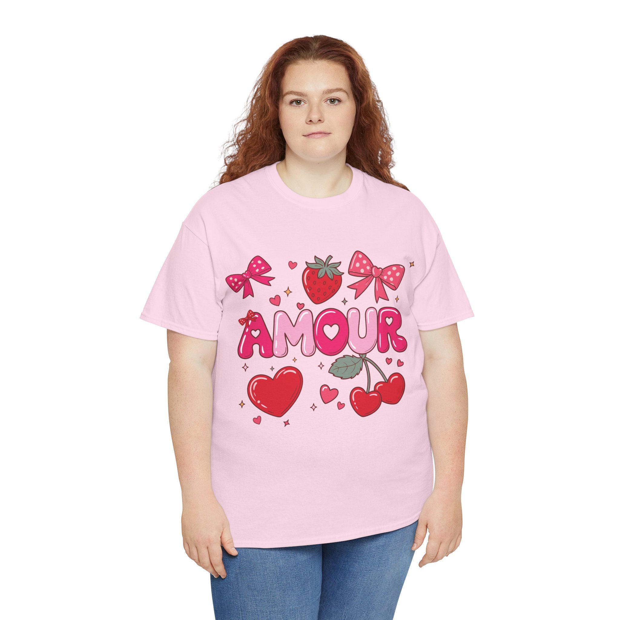 Amour Pink Hearts Tee — Shiny Lettering with Bows, Cherries & Strawberry Accent...Unisex Cotton Tee