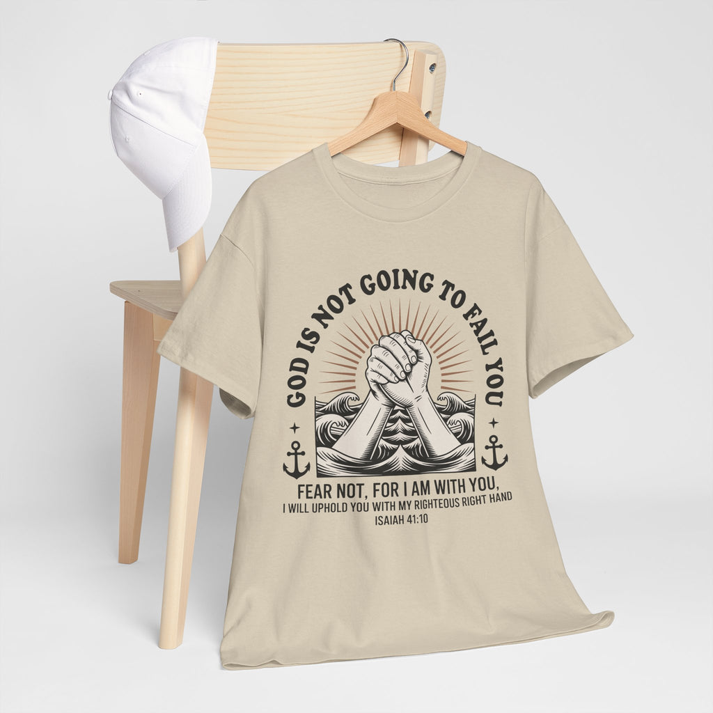 Isaiah 41:10 "Fear Not, For I Am With You" T-Shirt — Clasped Hands Rising from Waves Christian Unisex Cotton Tee