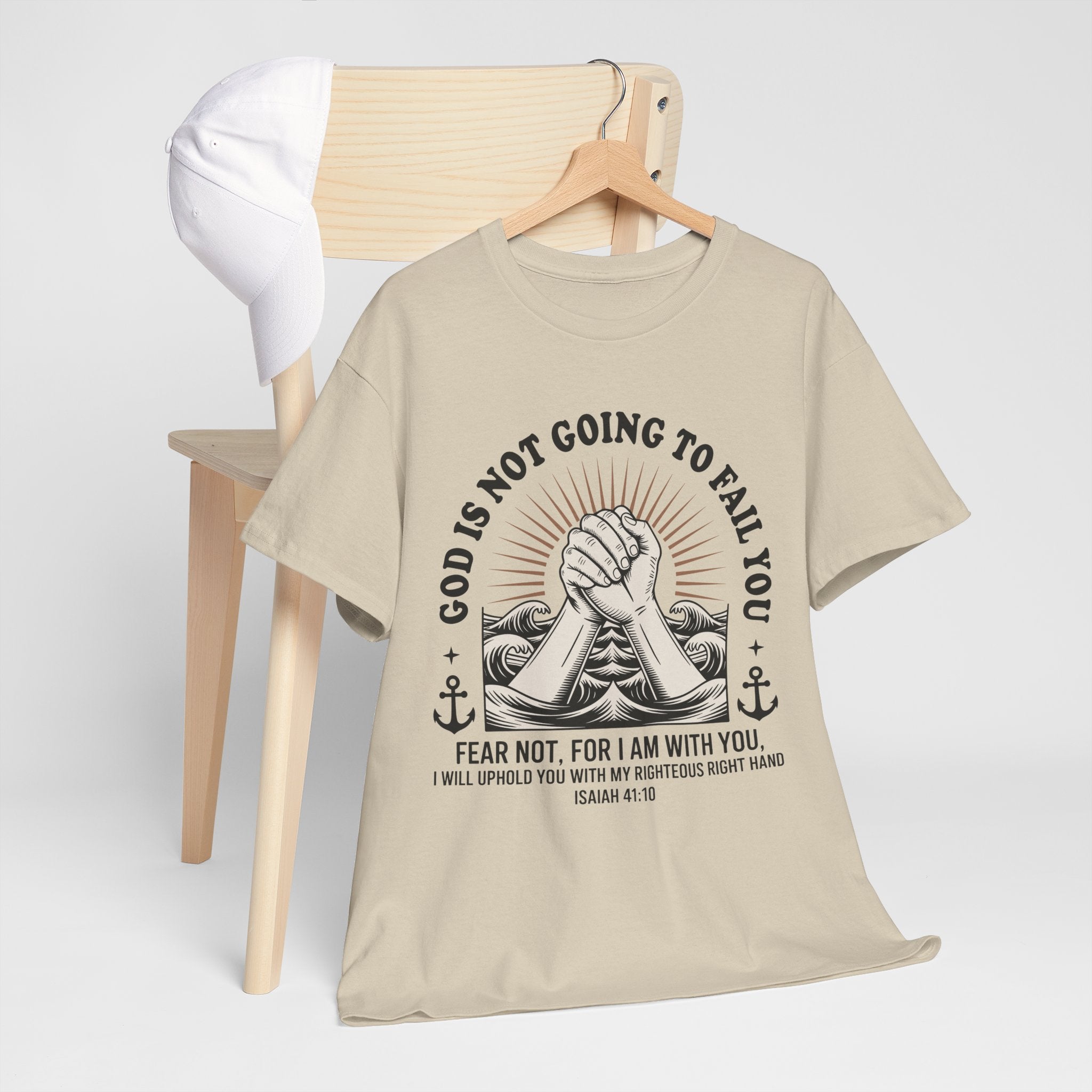 Isaiah 41:10 "Fear Not, For I Am With You" T-Shirt — Clasped Hands Rising from Waves Christian Unisex Cotton Tee