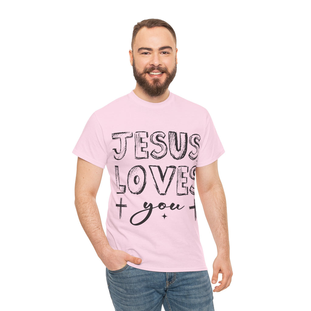 Jesus Loves You Chalk-Style Tee — Crosses & Stars Christian UNisex Cotton T-Shirt