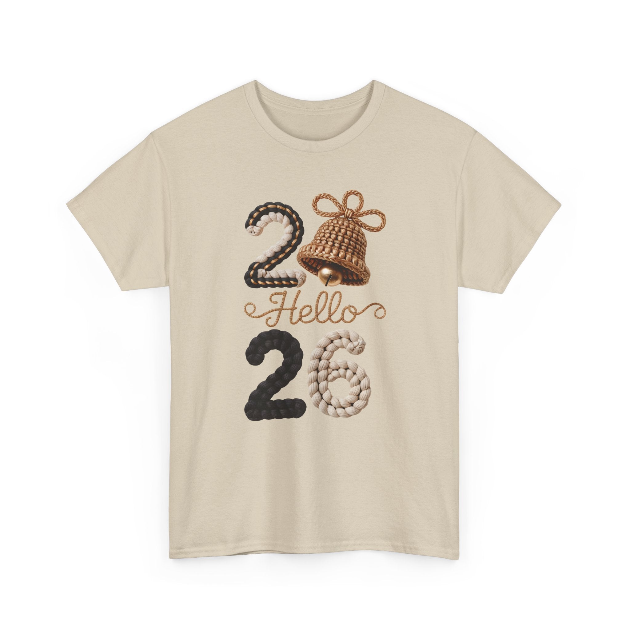 Hello 2026 Tee — Cozy Faux Yarn Braided Numbers with Woven Golden Bell..Unisex Cotton Tee