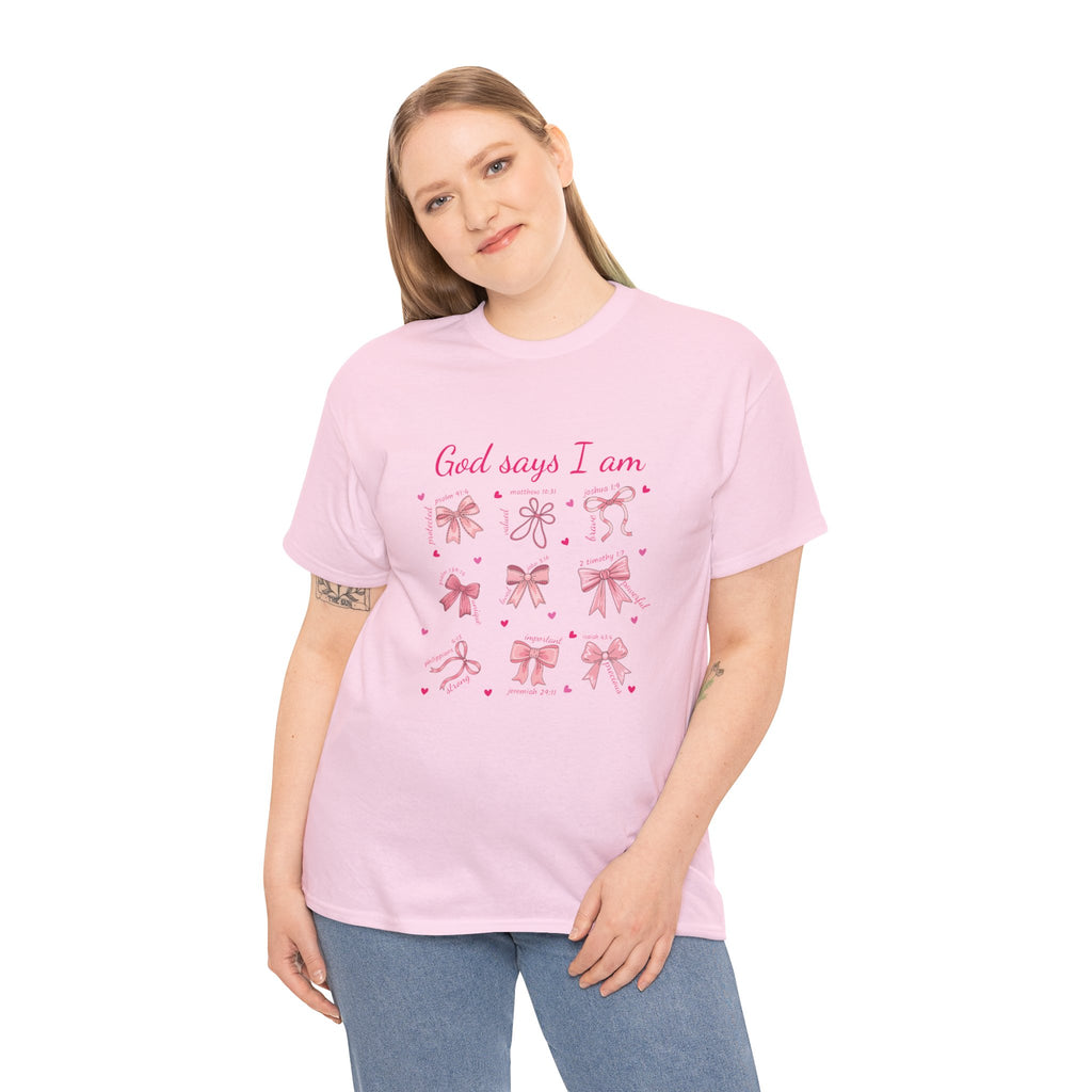 God Says I Am Christian Tee — Pink Affirmation T-Shirt with Bible Verse Bows.Unisex Cotton Tee