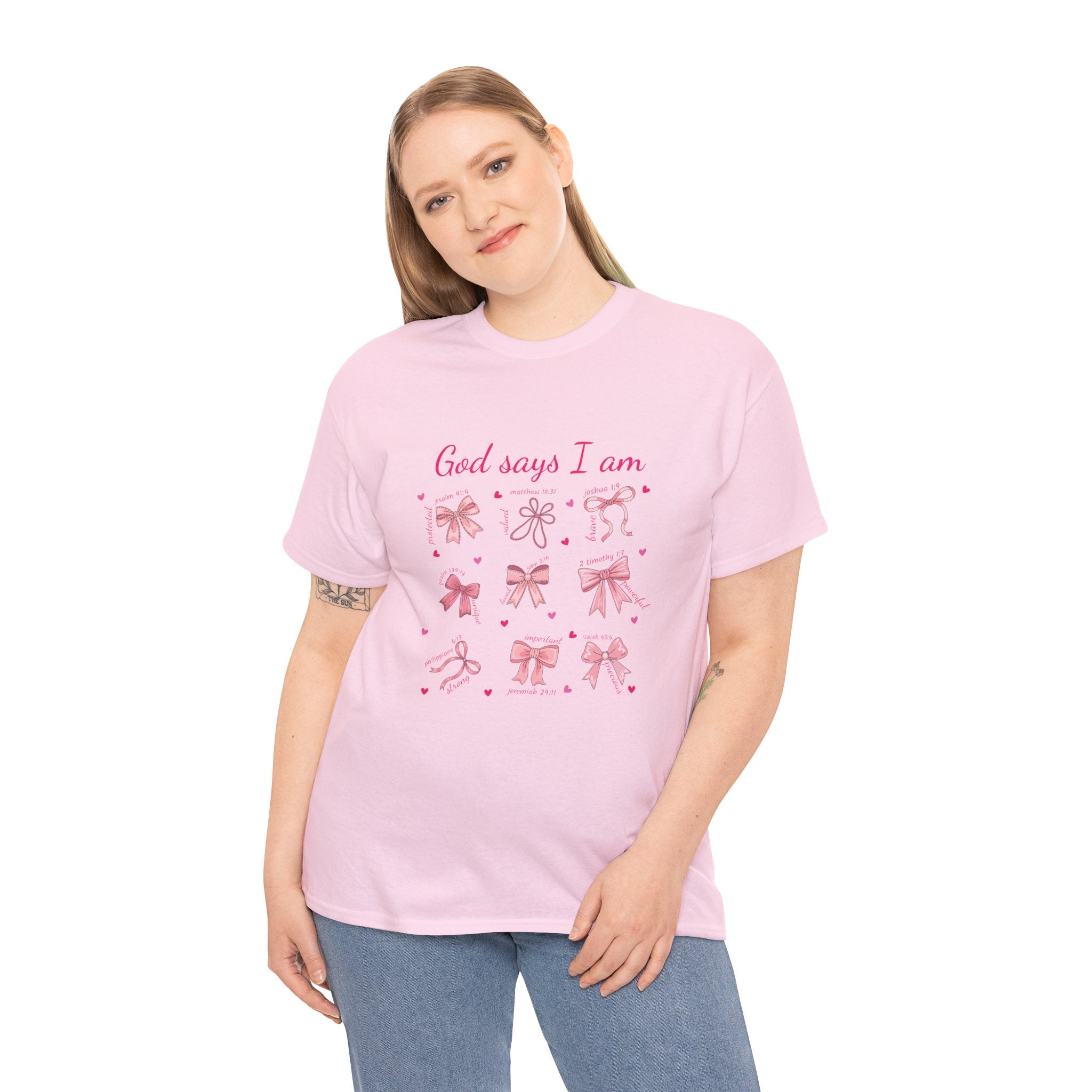 God Says I Am Pink Bow Tee — Faith-Based 'Loved, Brave, Strong' Unisex Cotton Shirt