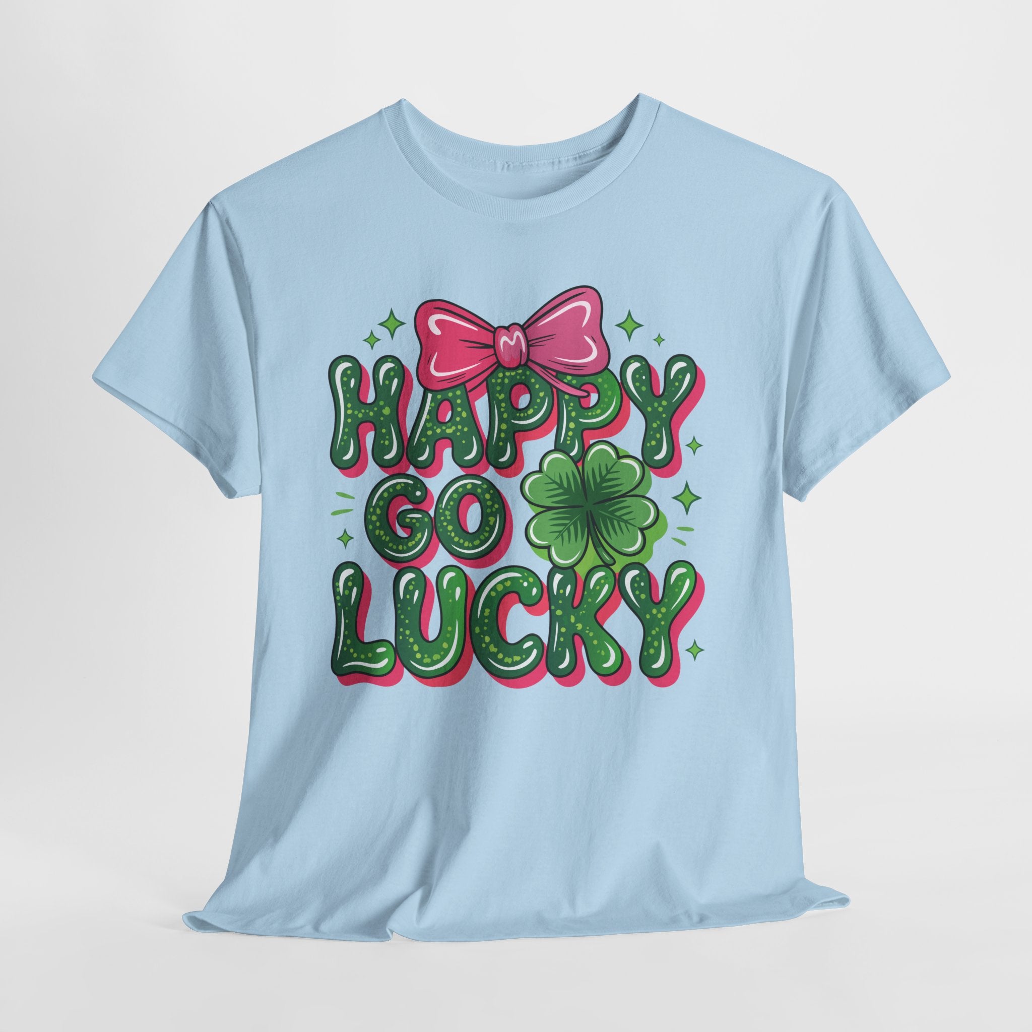Happy Go Lucky Four-Leaf Clover Tee — Glossy Green Letters & Pink Bow Unisex Cotton Tee
